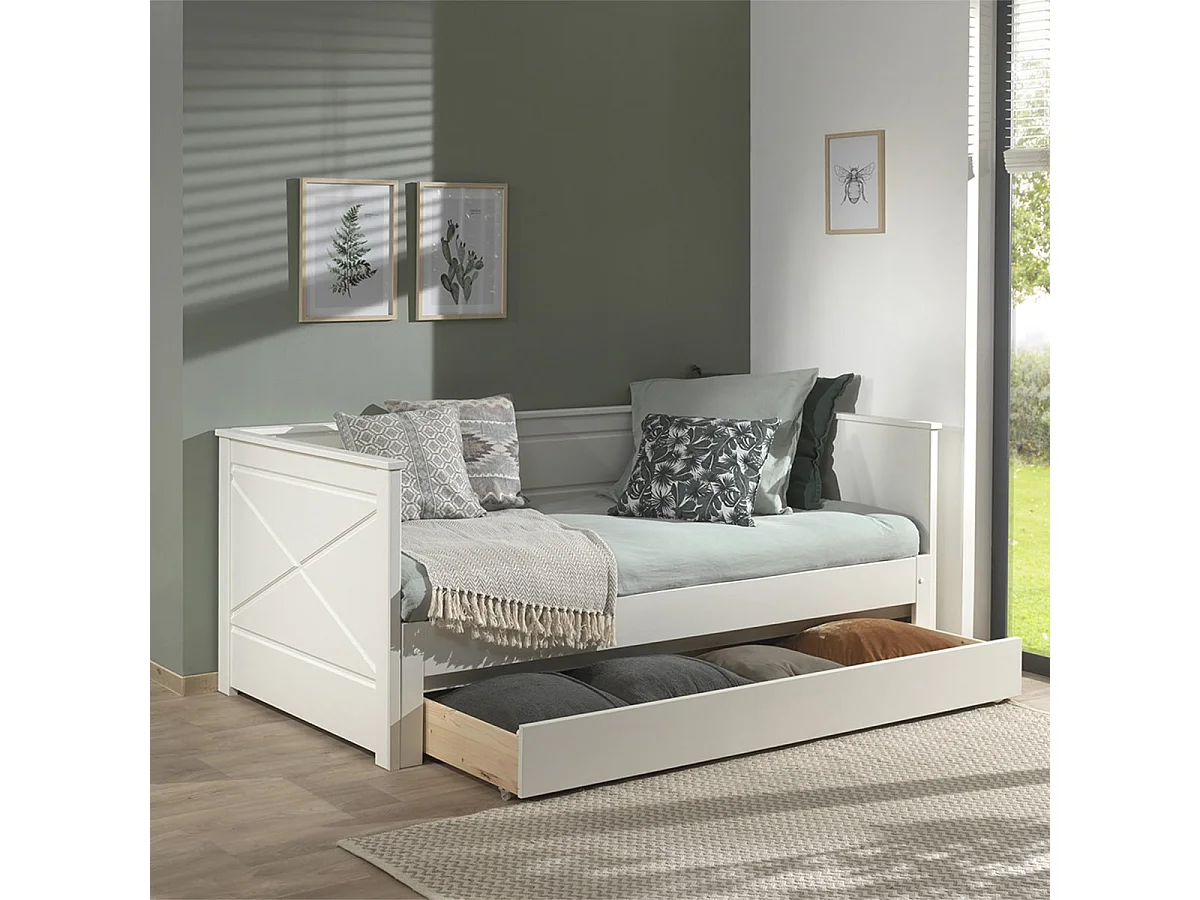 VIVIEN - Lit Extensible 90x200cm en Pin Laqué Blanc avec Tiroir
