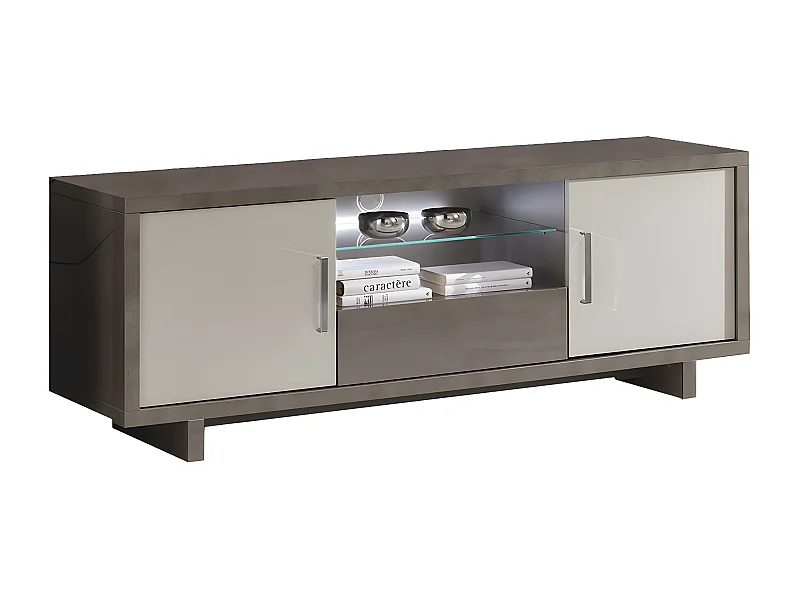 AUXANE - Meuble TV 2 Portes Gris Acier Metallisé et Gris Mat avec Leds