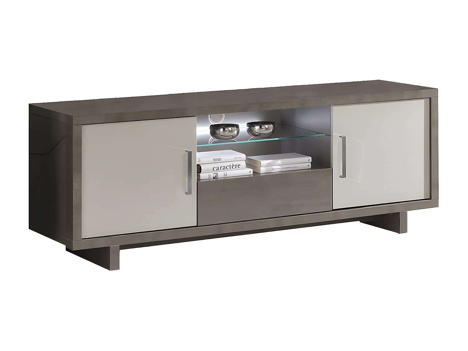 AUXANE - Meuble TV 2 Portes Gris Acier Metallisé et Gris Mat avec Leds