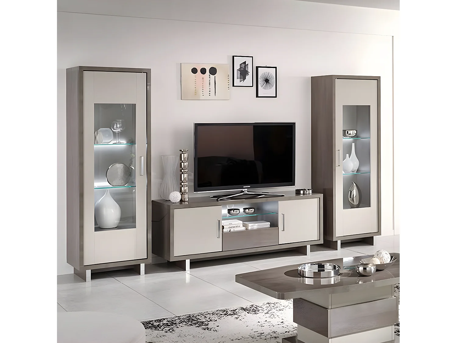 AUXANE - Meuble TV 2 Portes Gris Acier Metallisé et Gris Mat avec Leds