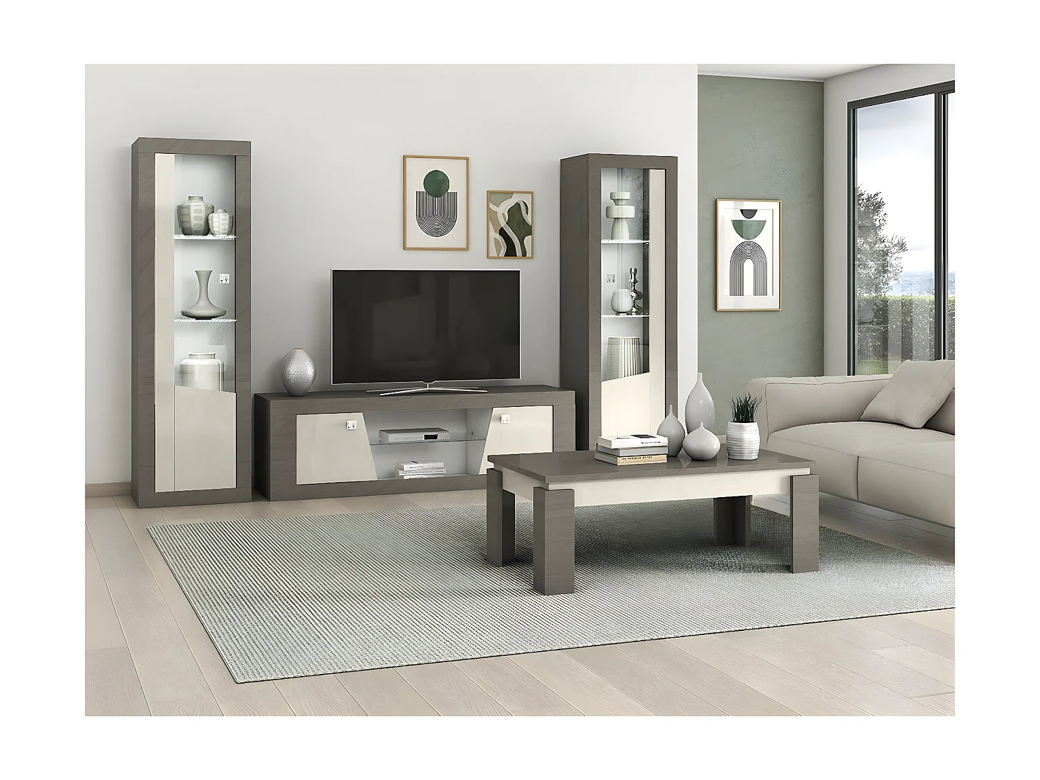 GONDOR - Meuble TV 2 Portes Décor Bois Gris Veiné et Beige