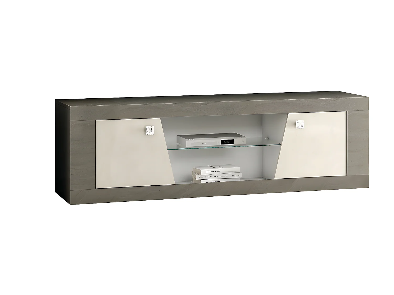 GONDOR - Meuble TV 2 Portes Décor Bois Gris Veiné et Beige