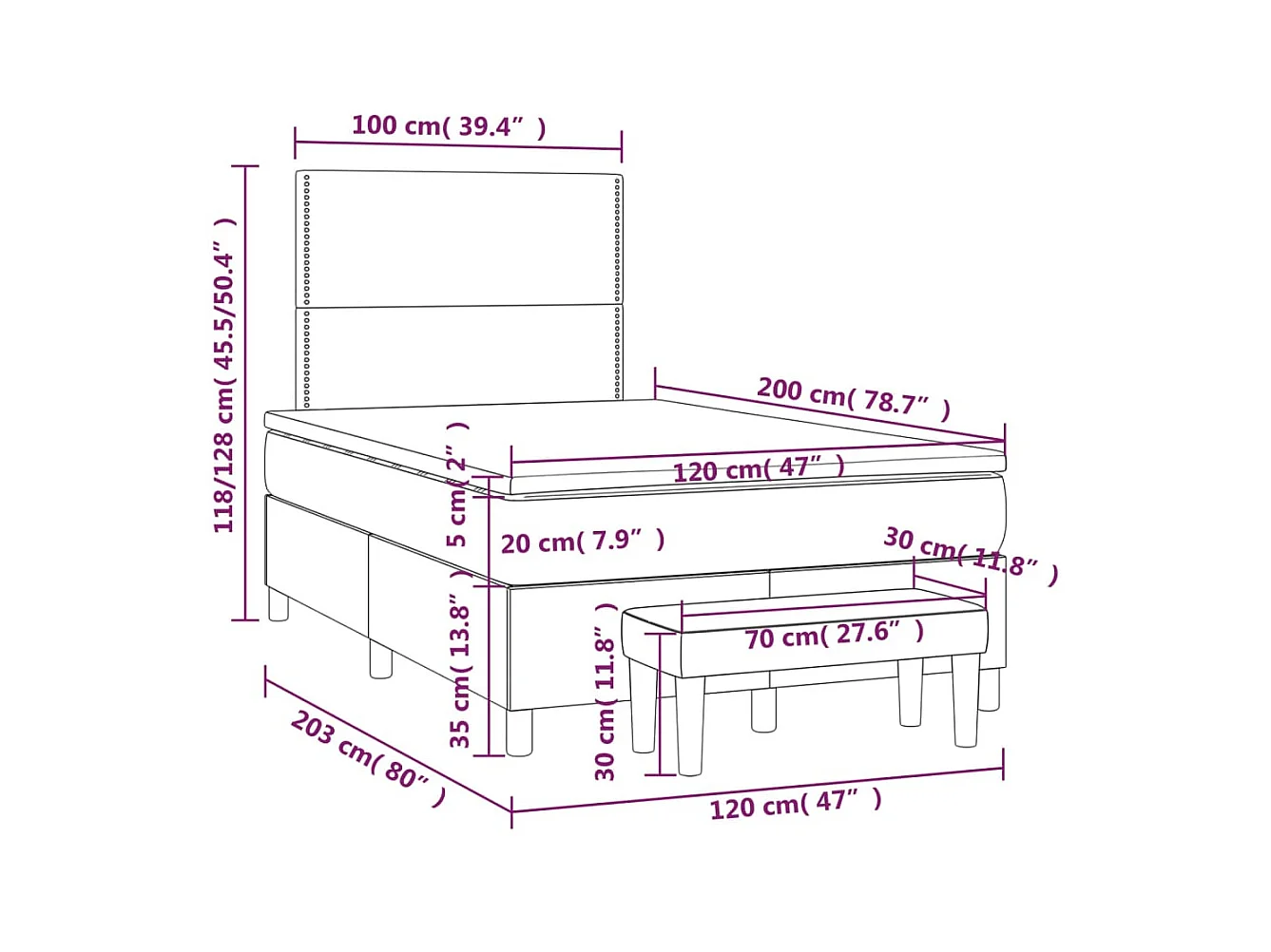 Boxspringbed en matras Lichtgrijs 120x200cm Fluweel