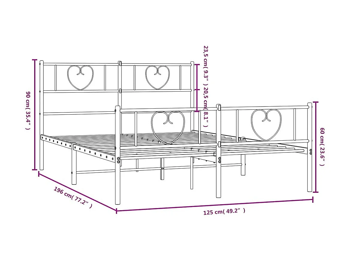 Estrutura de cama metálica com cabeceira/pé branco 120x190cm