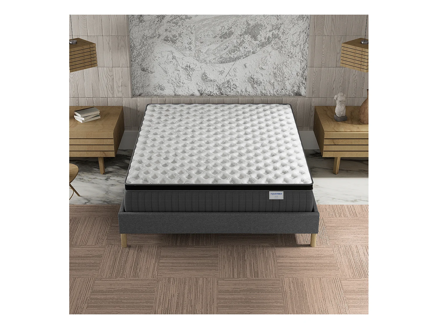 Ensemble matelas + lit 140x190 cm, matelas 30cm ressorts ensachés, accueil mémoire de forme, lit à lattes en bois, tissu gris