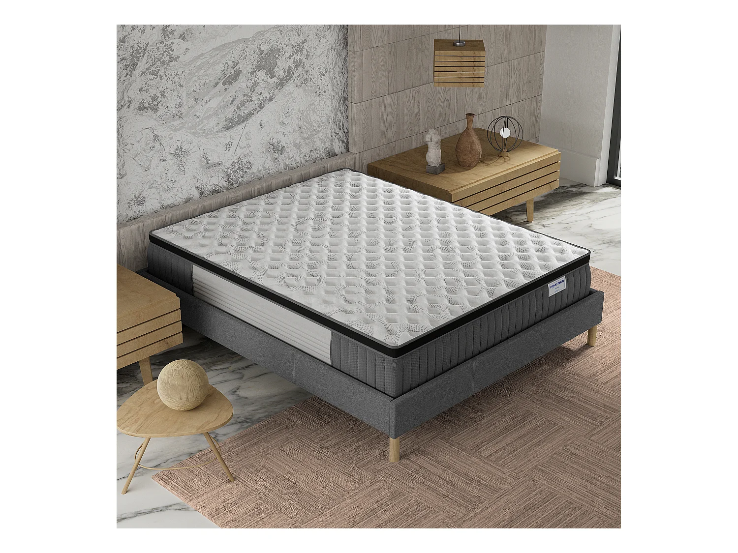 Ensemble matelas + lit 140x190 cm, matelas 30cm ressorts ensachés, accueil mémoire de forme, lit à lattes en bois, tissu gris