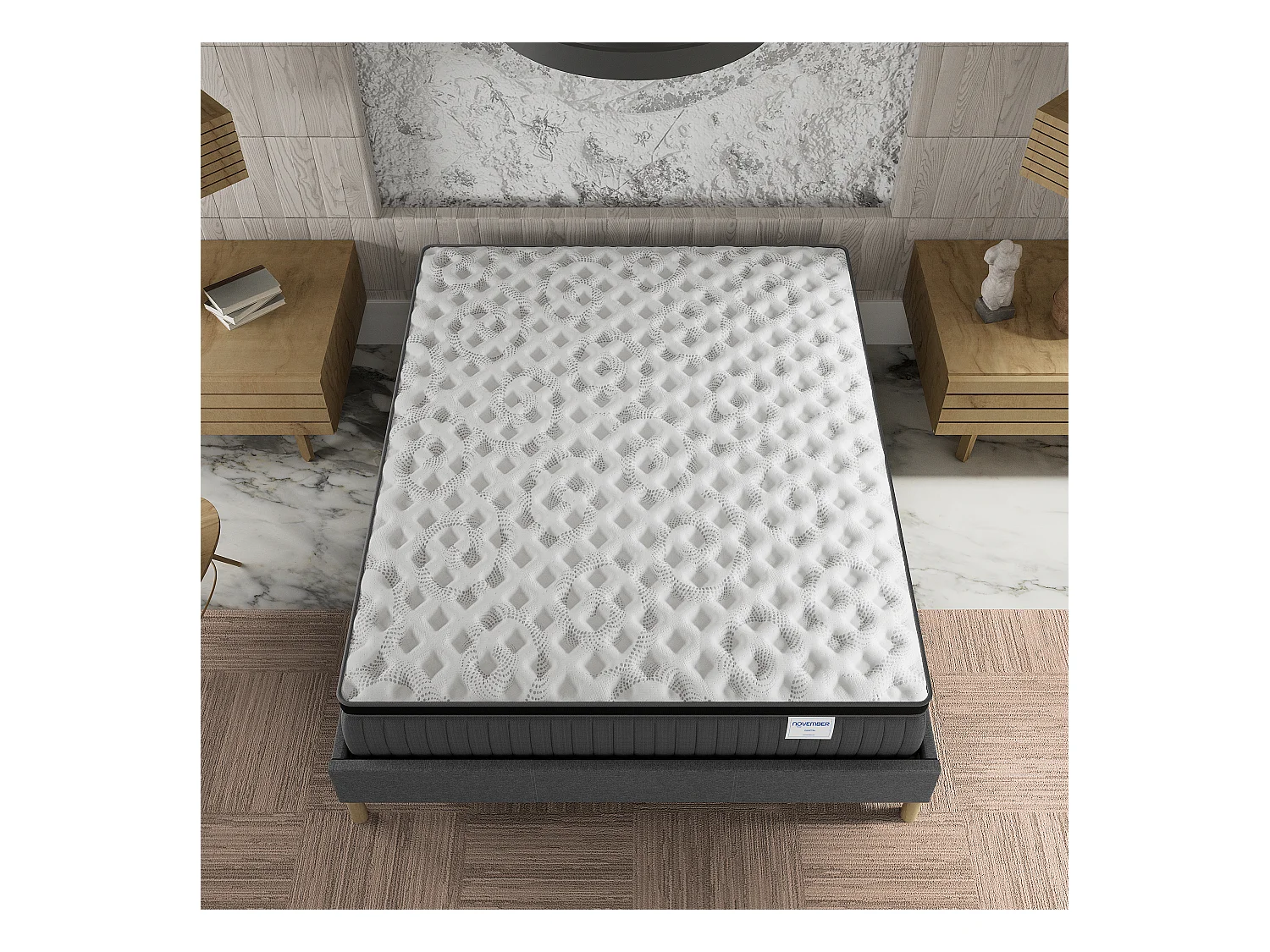 Ensemble matelas + lit 140x190 cm, matelas 30cm ressorts ensachés, accueil mémoire de forme, lit à lattes en bois, tissu gris
