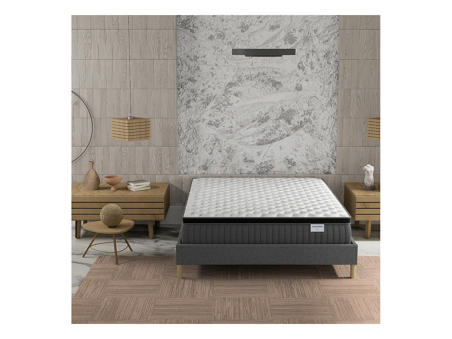 Ensemble matelas + lit 140x190 cm, matelas 30cm ressorts ensachés, accueil mémoire de forme, lit à lattes en bois, tissu gris