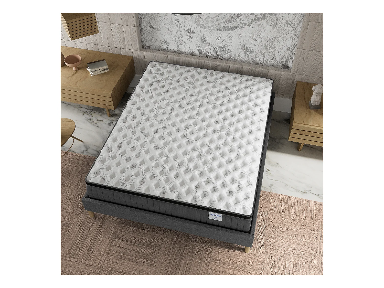 Ensemble matelas + lit 140x190 cm, matelas 30cm ressorts ensachés, accueil mémoire de forme, lit à lattes en bois, tissu gris