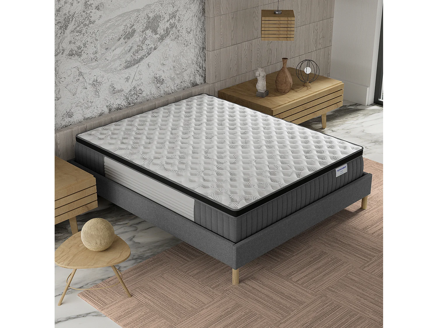 Ensemble matelas + lit 140x190 cm, matelas 30cm ressorts ensachés, accueil mémoire de forme, lit à lattes en bois, tissu gris
