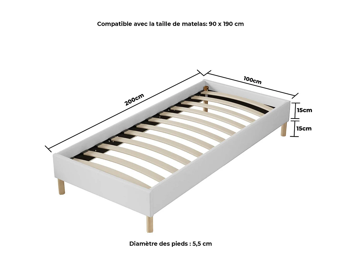 Ensemble matelas + lit 90x190 cm, matelas 22cm mousse, accueil latex, lit à lattes en bois, tissu blanc