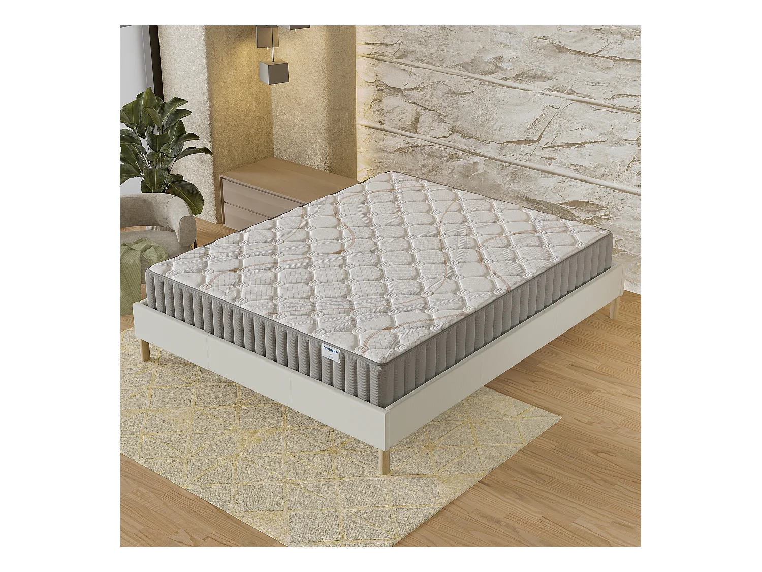 Ensemble matelas + lit 90x190 cm, matelas 22cm mousse, accueil latex, lit à lattes en bois, tissu blanc