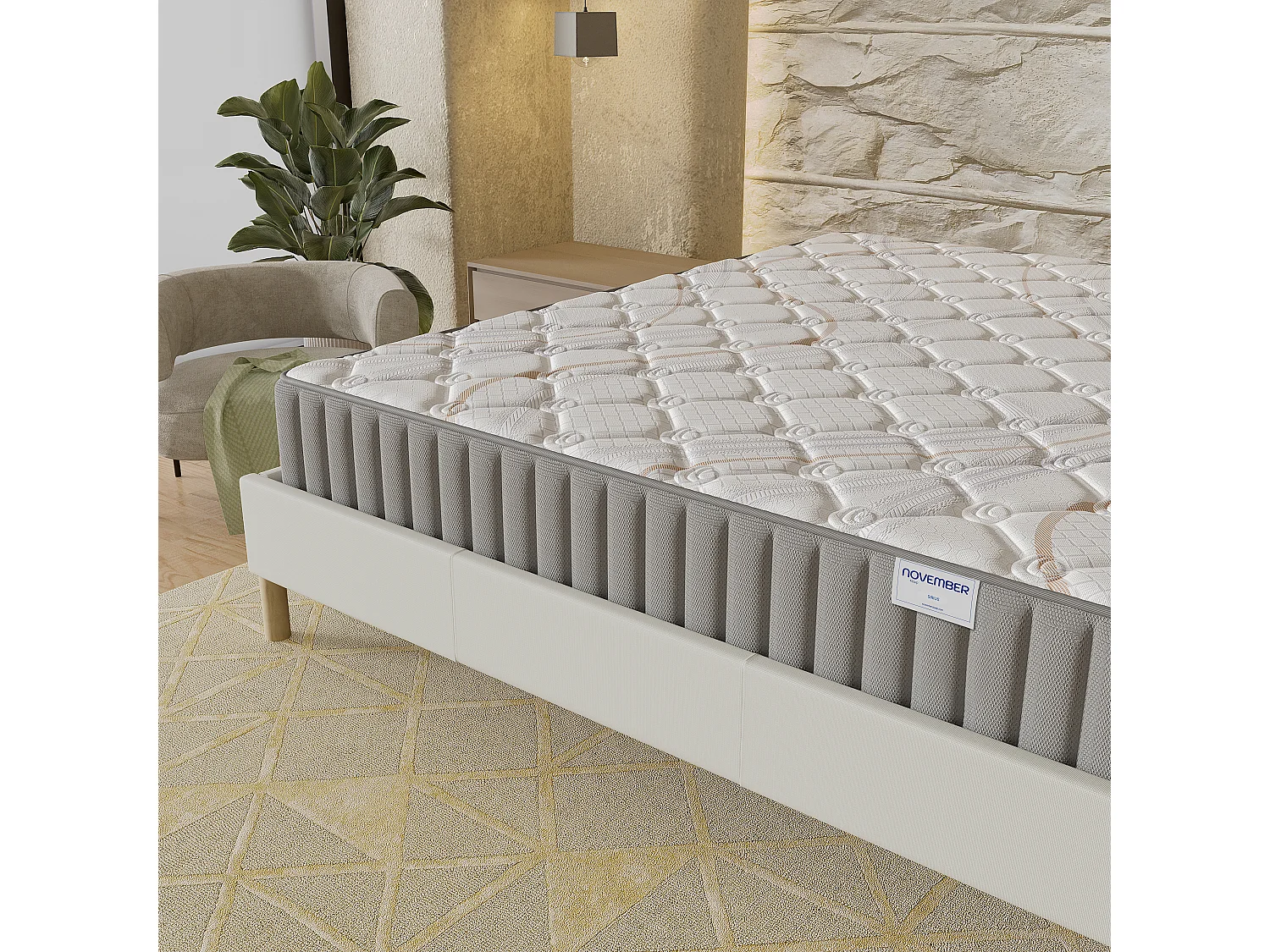 Ensemble matelas + lit 90x190 cm, matelas 22cm mousse, accueil latex, lit à lattes en bois, tissu blanc