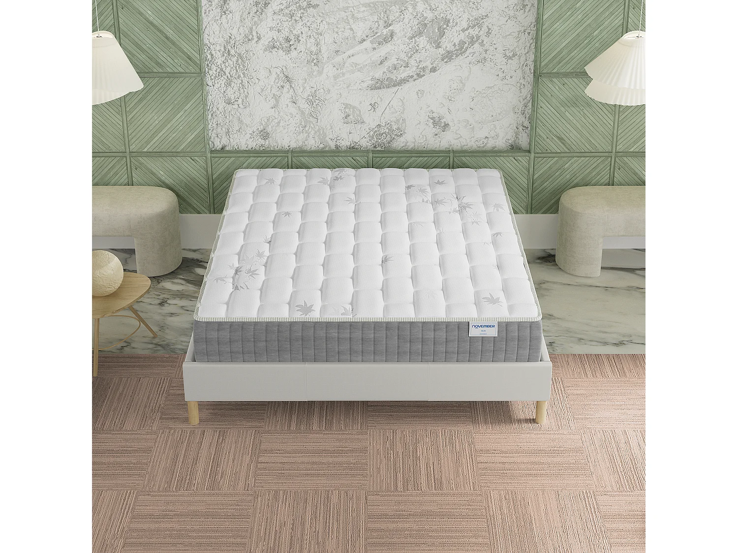 Ensemble Matelas + lit 120x190 cm, Matelas 25cm ressorts ensachés, accueil mémoire de forme, lit à lattes en bois, tissu blanc