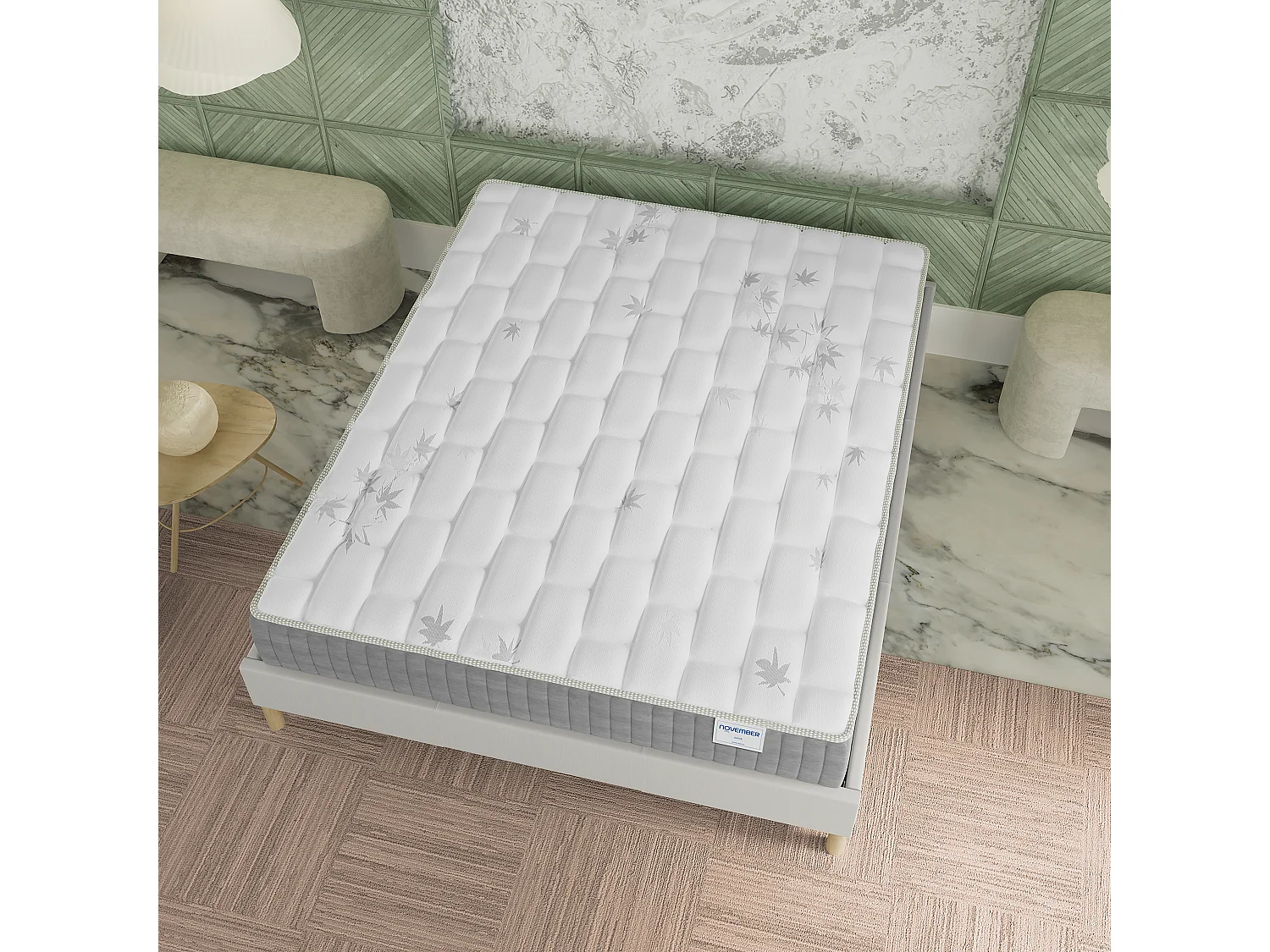 Ensemble Matelas + lit 120x190 cm, Matelas 25cm ressorts ensachés, accueil mémoire de forme, lit à lattes en bois, tissu blanc
