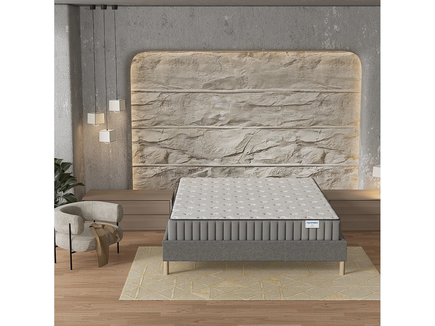 Ensemble matelas mémoire de forme + sommier 120x190cm, Matelas 22cm d’épaisseur et sommier tissu gris