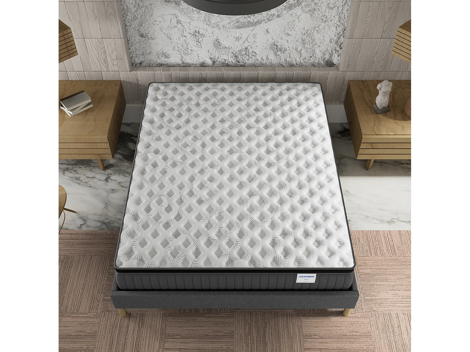 Ensemble matelas + lit 180x200 cm, matelas 30cm ressorts ensachés, accueil mémoire de forme, lit à lattes en bois, tissu gris