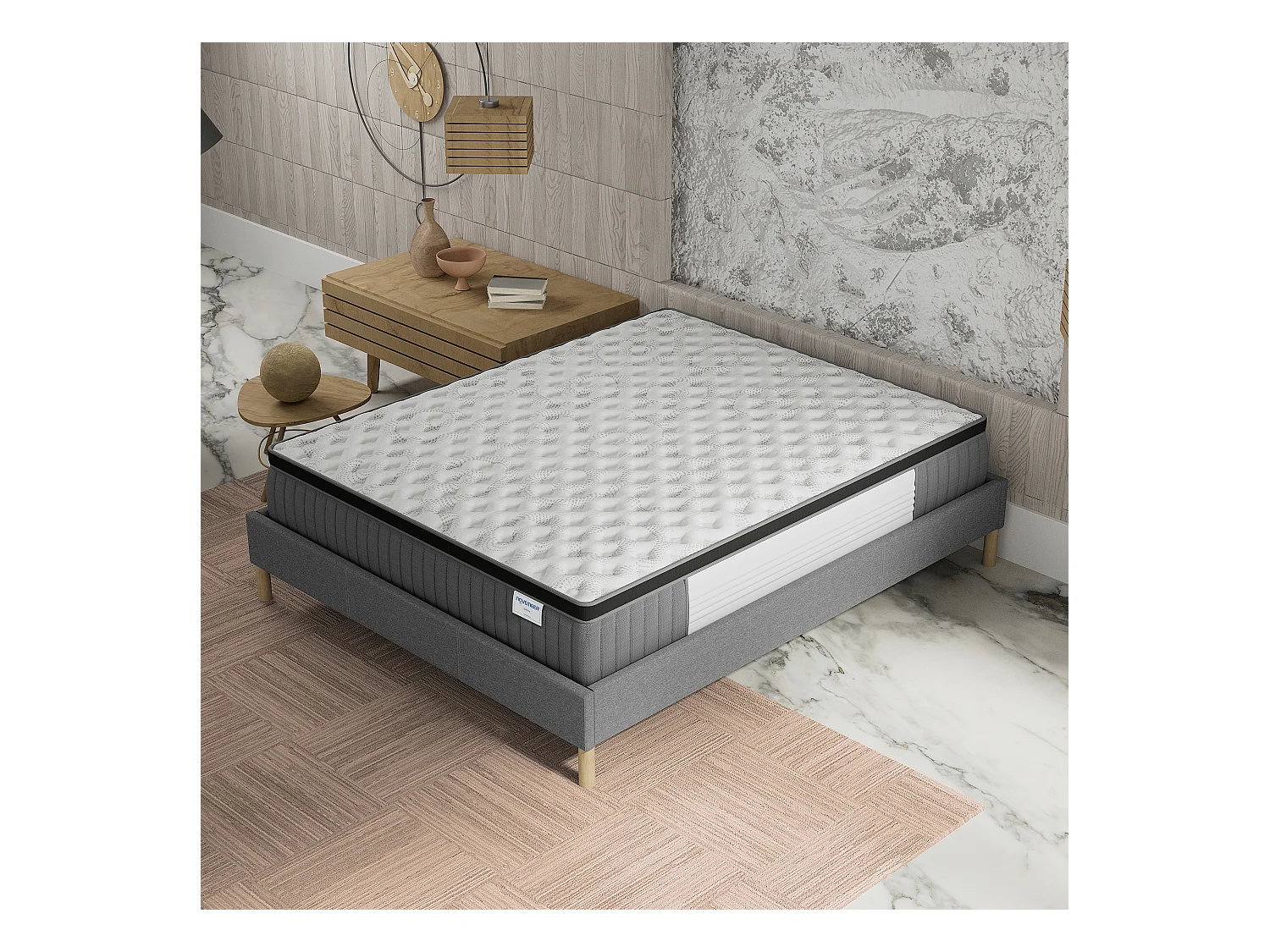 Ensemble matelas + lit 180x200 cm, matelas 30cm ressorts ensachés, accueil mémoire de forme, lit à lattes en bois, tissu gris