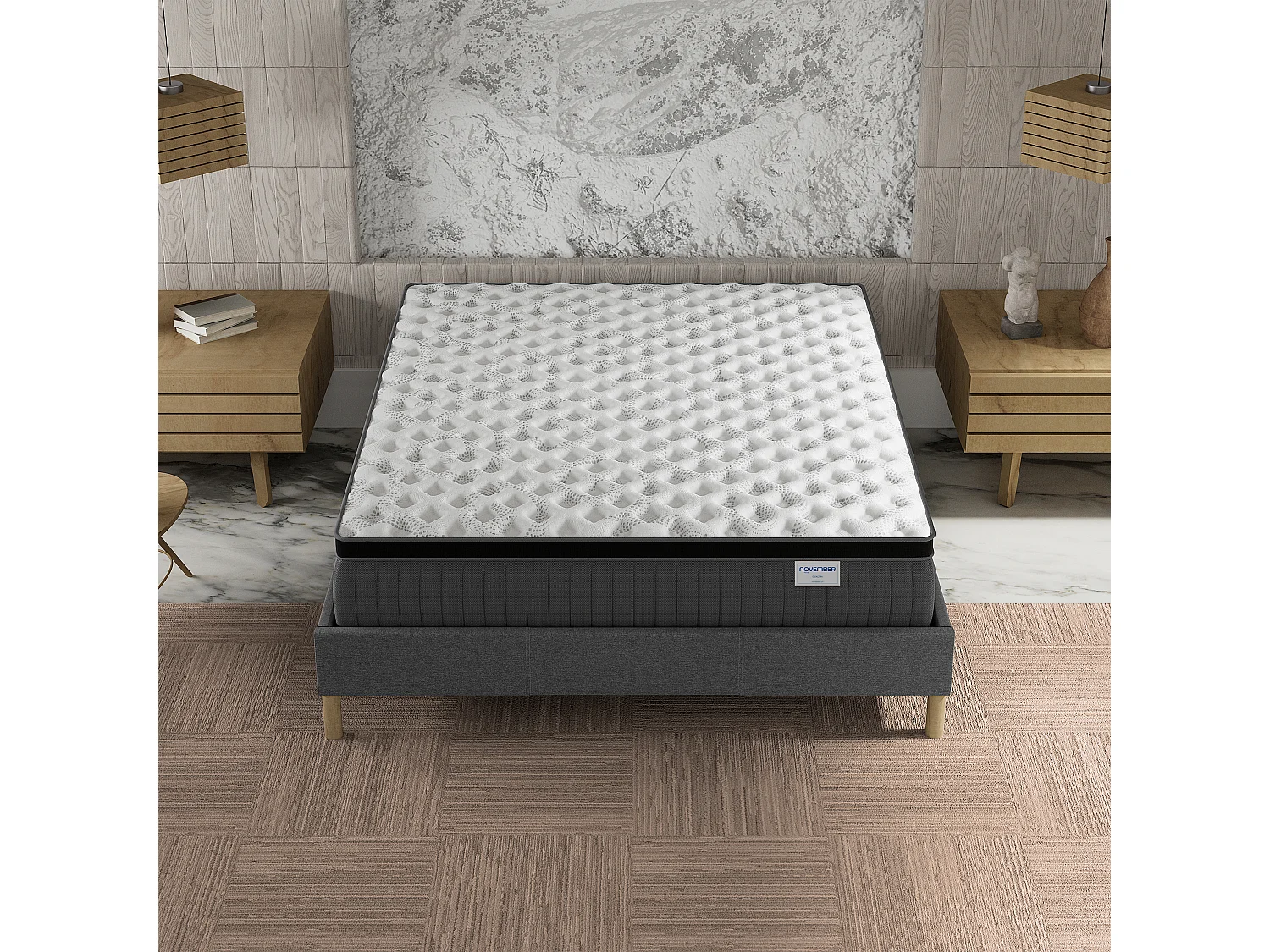 Ensemble matelas + lit 180x200 cm, matelas 30cm ressorts ensachés, accueil mémoire de forme, lit à lattes en bois, tissu gris