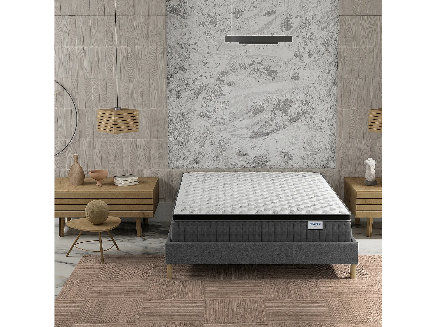 Ensemble matelas + lit 180x200 cm, matelas 30cm ressorts ensachés, accueil mémoire de forme, lit à lattes en bois, tissu gris