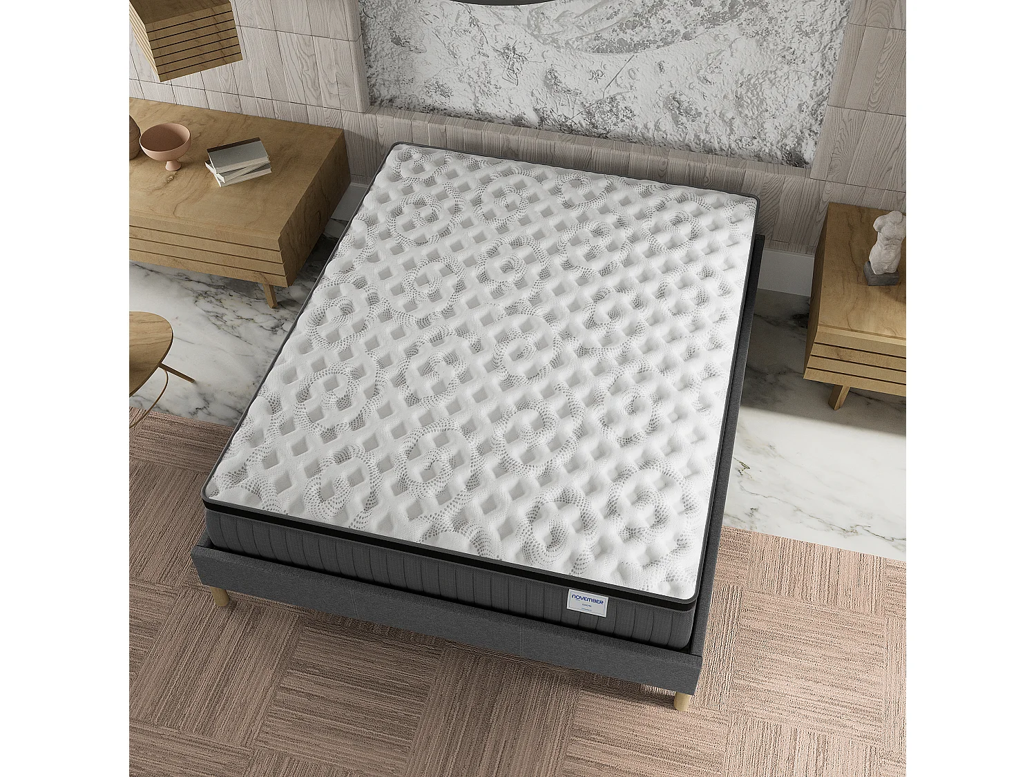Ensemble matelas + lit 180x200 cm, matelas 30cm ressorts ensachés, accueil mémoire de forme, lit à lattes en bois, tissu gris