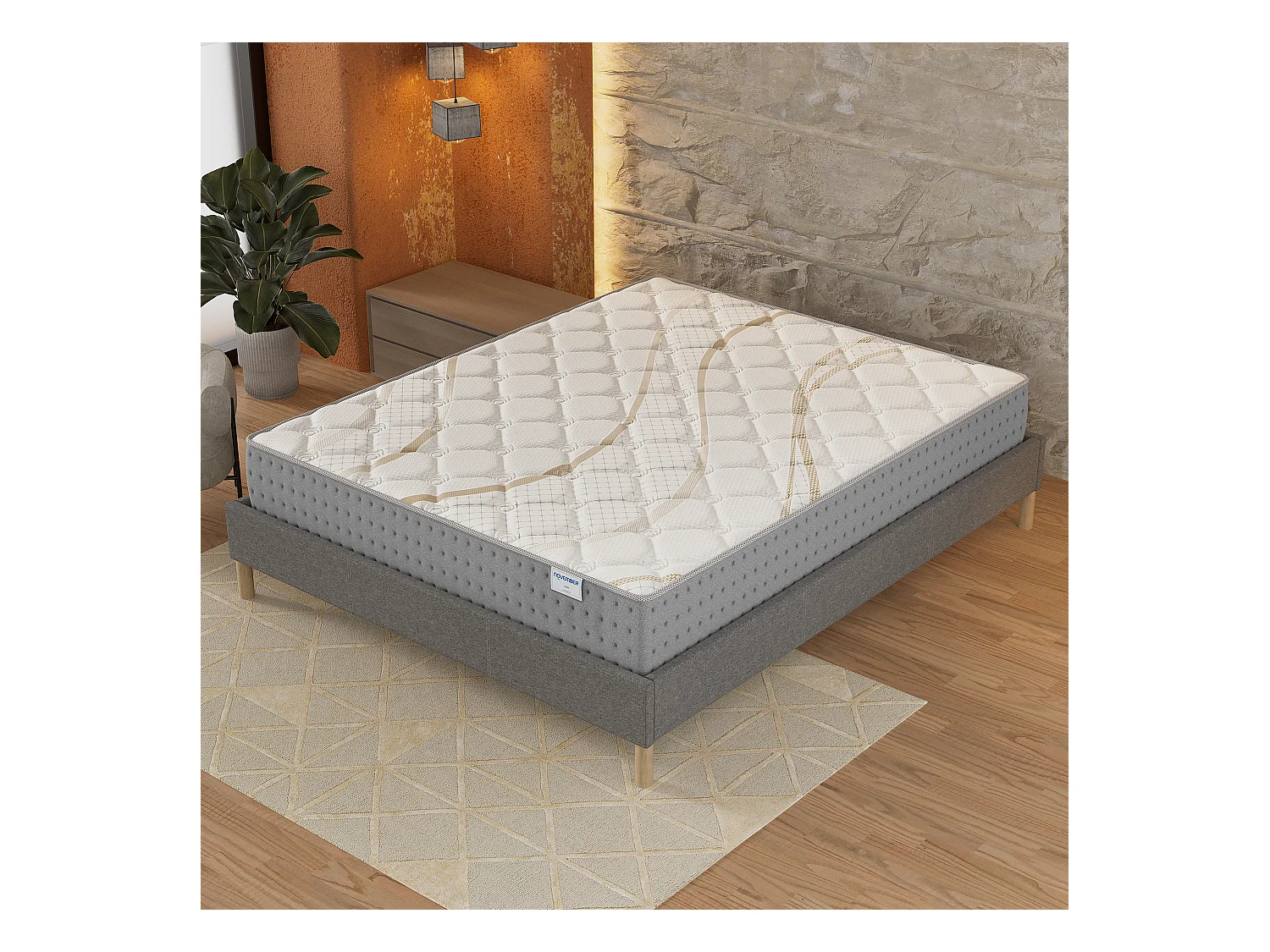 Ensemble Matelas + lit 140x190 cm, Matelas 25cm ressorts ensachés, accueil mousse, lit à lattes en bois, tissu gris