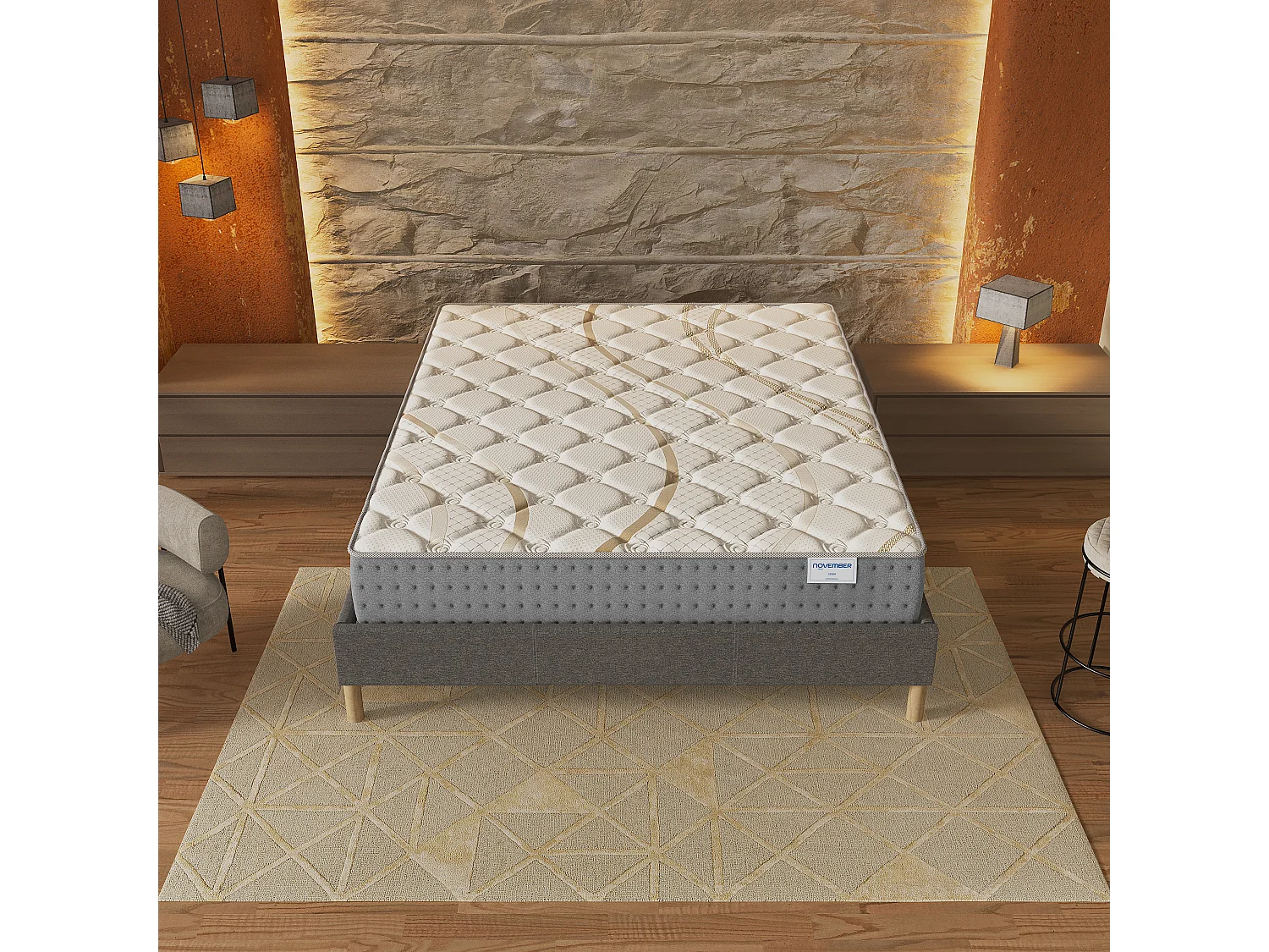 Ensemble Matelas + lit 140x190 cm, Matelas 25cm ressorts ensachés, accueil mousse, lit à lattes en bois, tissu gris