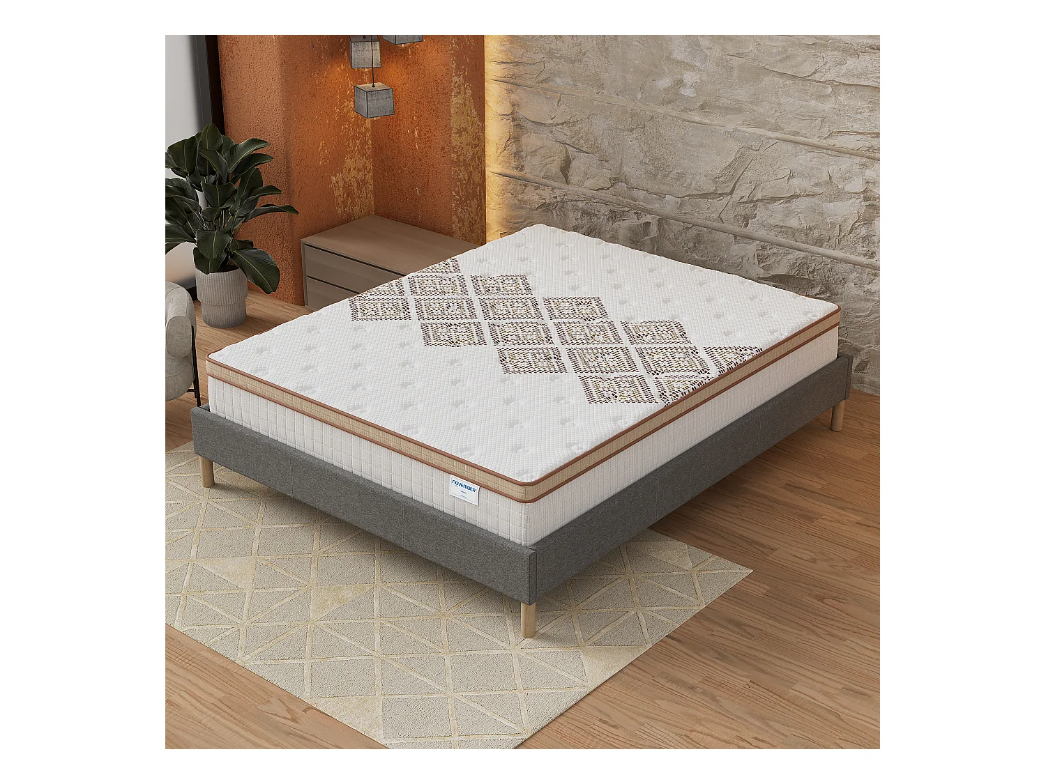 Ensemble matelas + lit 160x200 cm, matelas 28cm ressorts ensachés, accueil mousse, lit à lattes en bois, tissu gris
