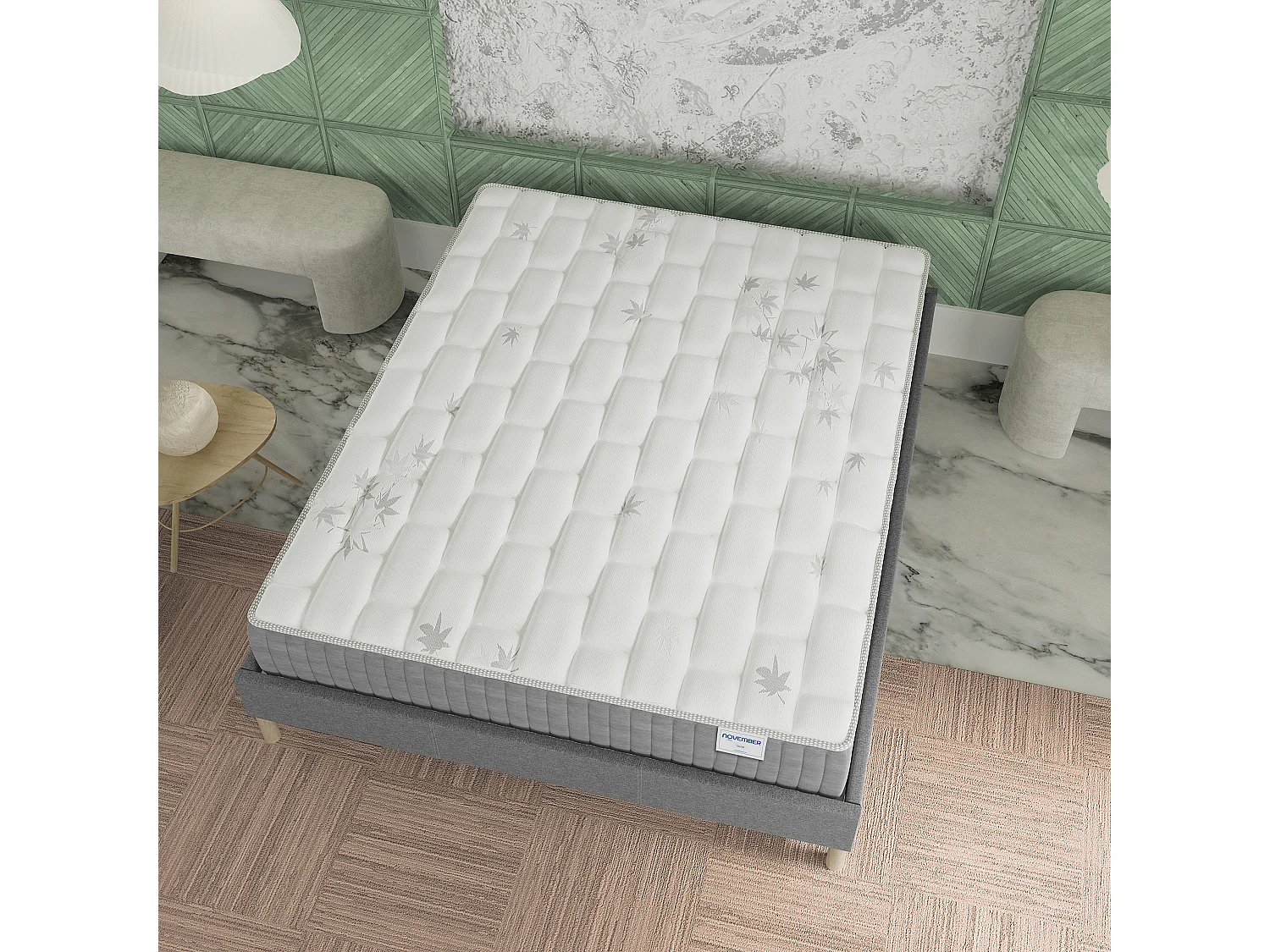 Ensemble Matelas + lit 120x190 cm, Matelas 25cm ressorts ensachés, accueil mémoire de forme, lit à lattes en bois, tissu gris