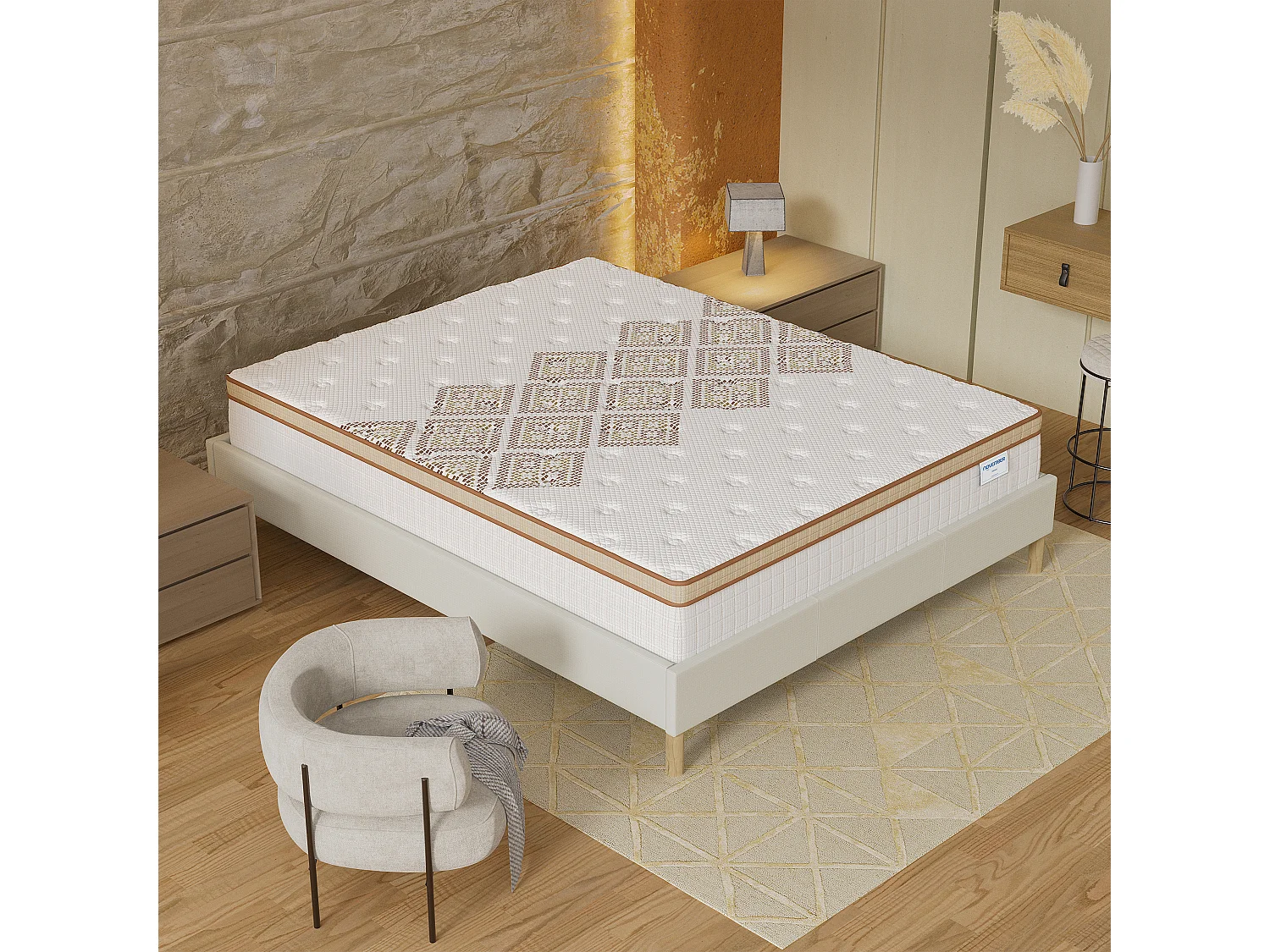 Ensemble matelas + lit 140x200 cm, matelas 28cm ressorts ensachés, accueil mousse, lit à lattes en bois, tissu blanc crème
