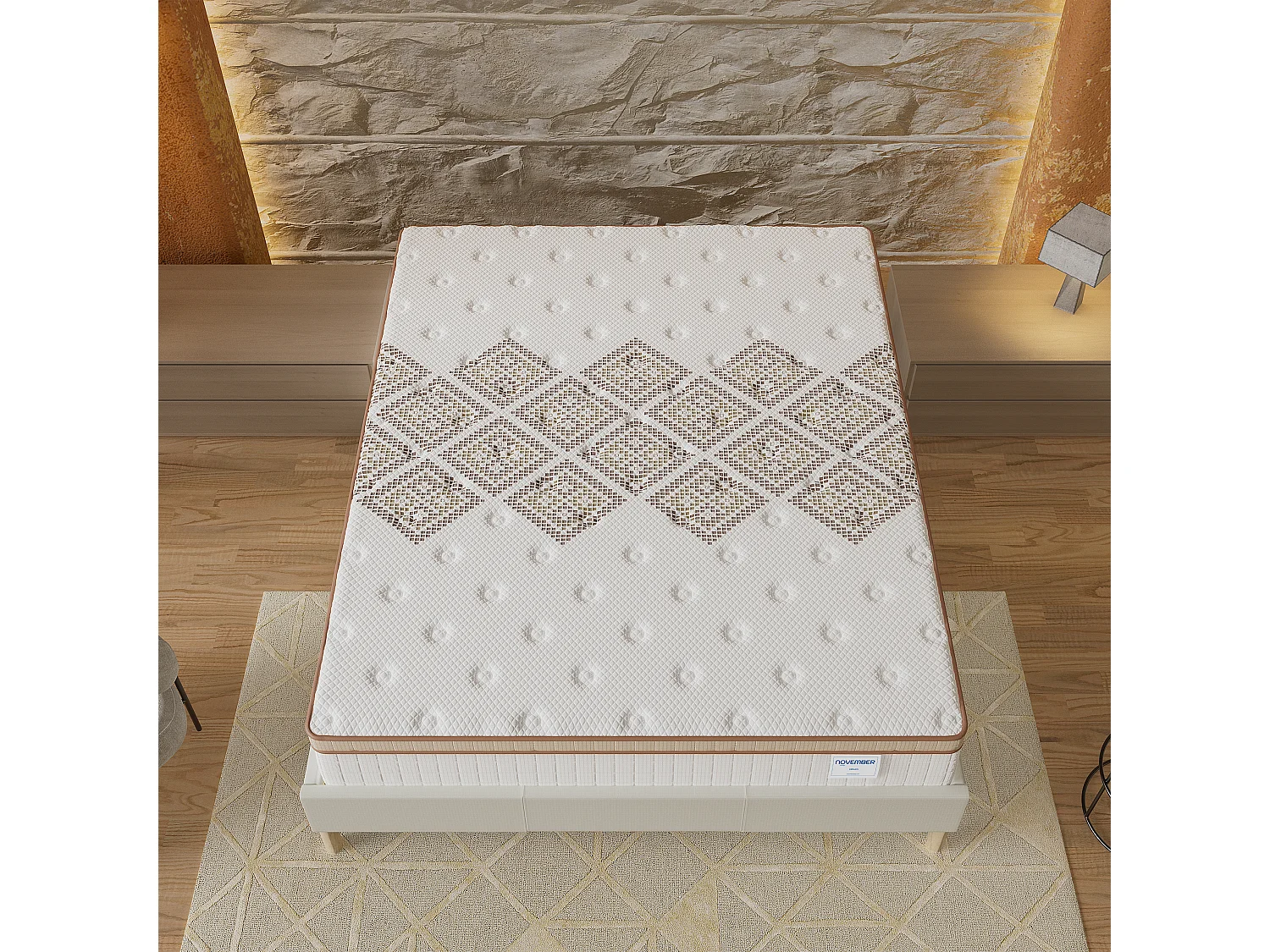 Ensemble matelas + lit 140x200 cm, matelas 28cm ressorts ensachés, accueil mousse, lit à lattes en bois, tissu blanc crème