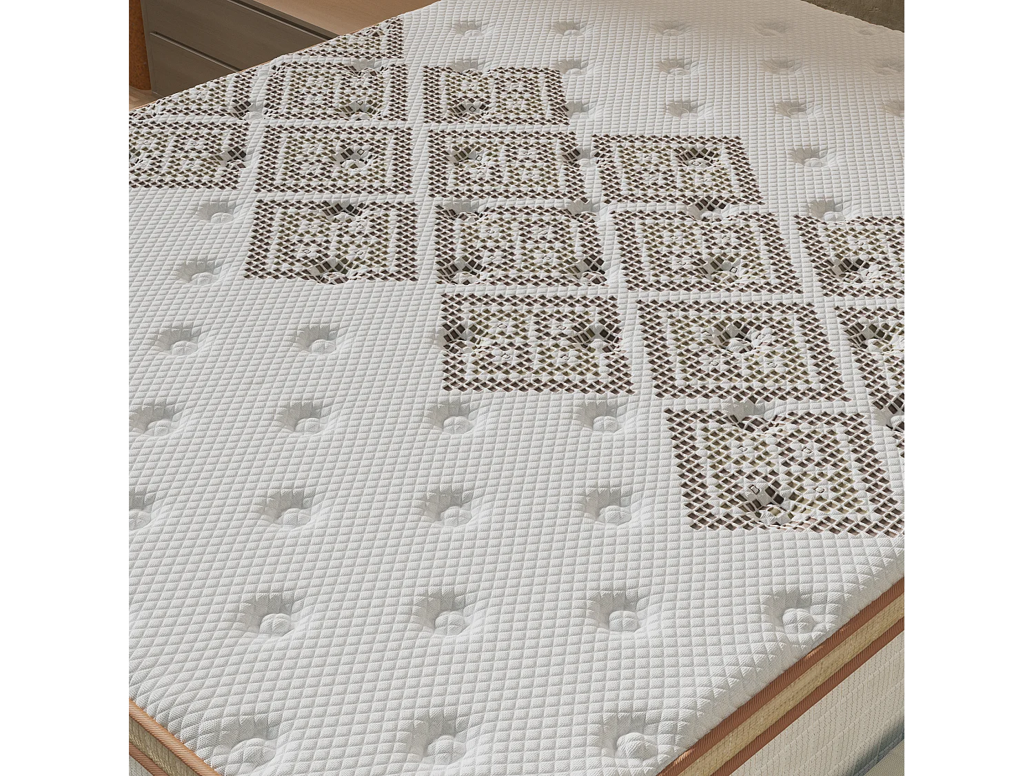 Ensemble matelas + lit 140x200 cm, matelas 28cm ressorts ensachés, accueil mousse, lit à lattes en bois, tissu blanc crème