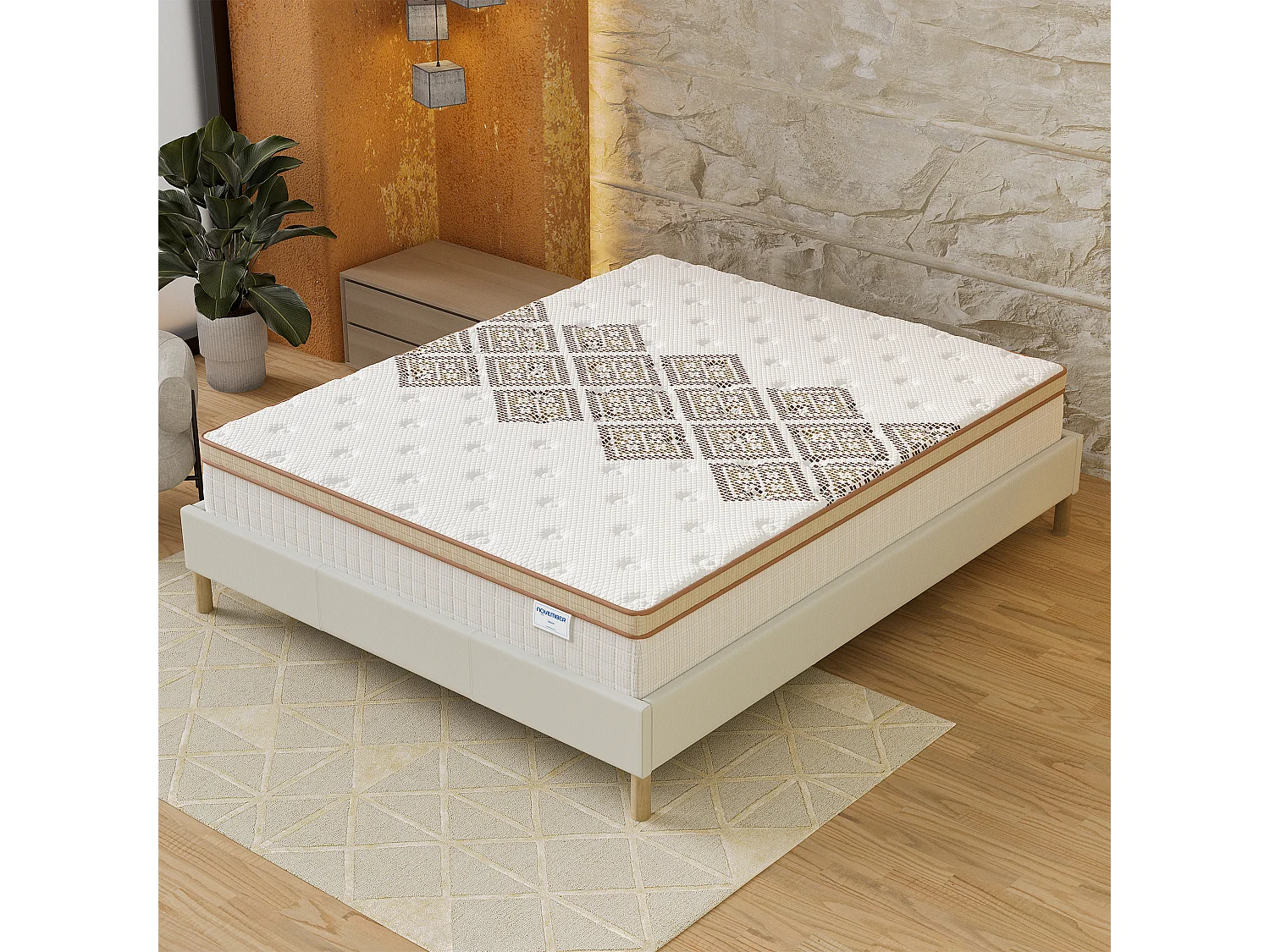 Ensemble matelas + lit 140x190 cm, matelas 28cm ressorts ensachés, accueil mousse, lit à lattes en bois, tissu blanc crème