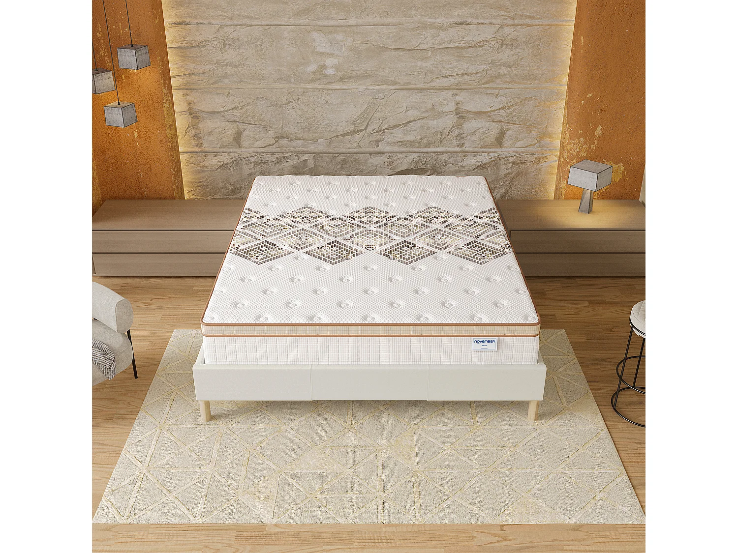 Ensemble matelas + lit 140x190 cm, matelas 28cm ressorts ensachés, accueil mousse, lit à lattes en bois, tissu blanc crème