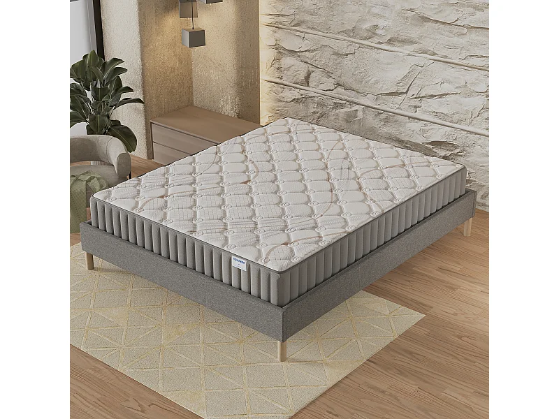Ensemble matelas + lit 90x190 cm, matelas 22cm mousse, accueil latex, lit à lattes en bois, tissu gris