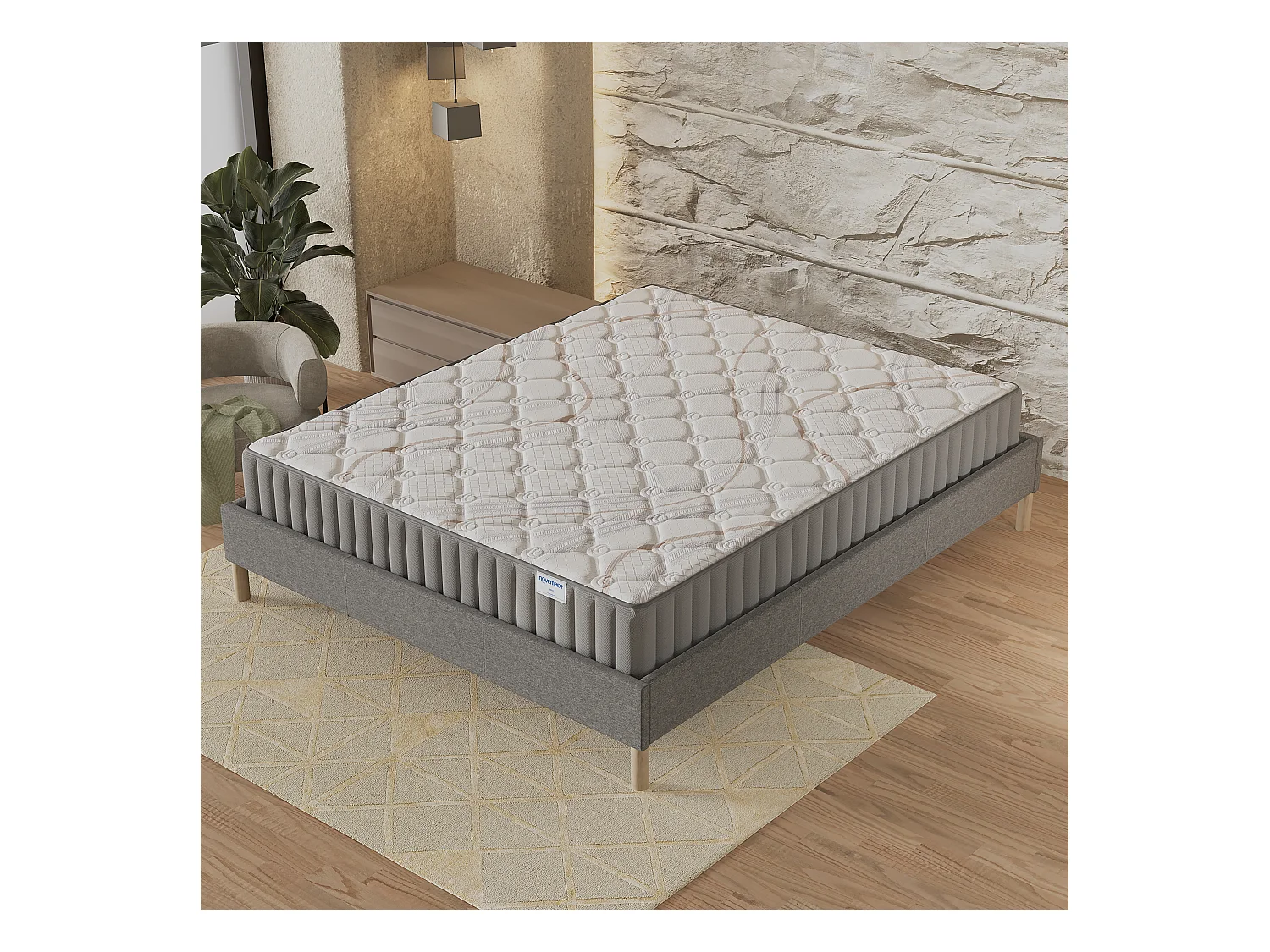 Ensemble matelas + lit 90x190 cm, matelas 22cm mousse, accueil latex, lit à lattes en bois, tissu gris