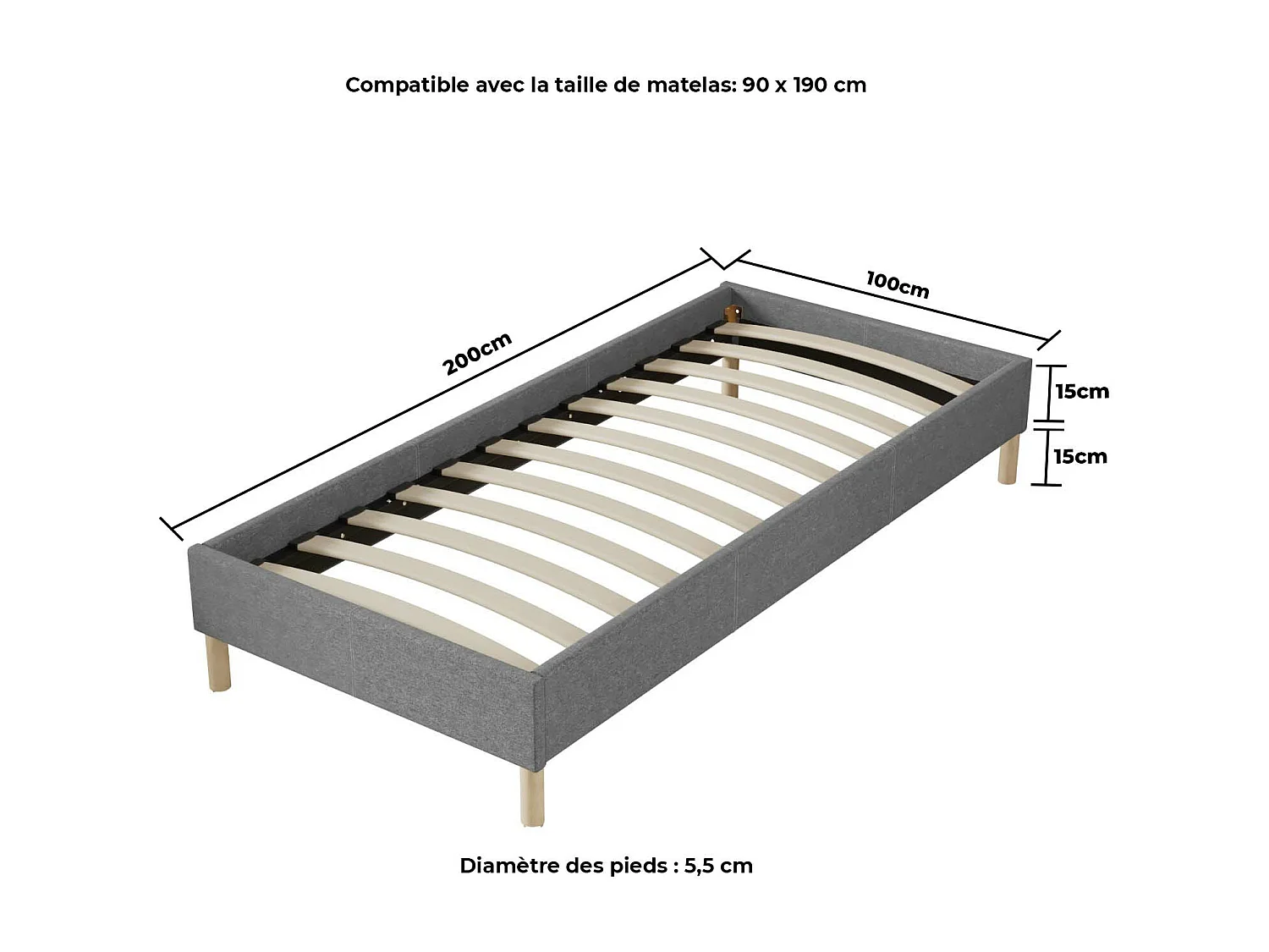 Ensemble matelas + lit 90x190 cm, matelas 22cm mousse, accueil latex, lit à lattes en bois, tissu gris