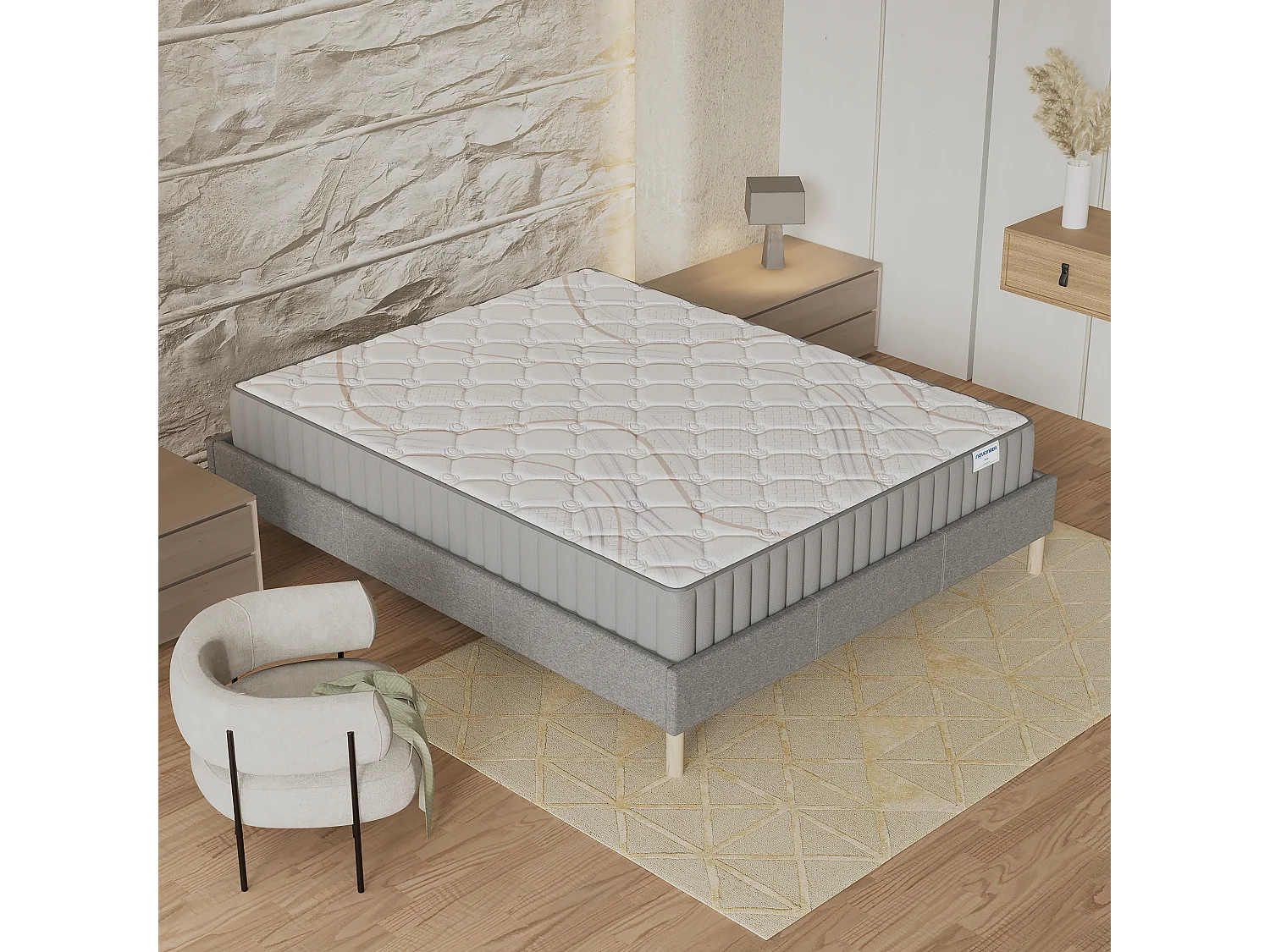 Ensemble matelas + lit 140x200 cm, matelas 22cm mousse, accueil latex, lit à lattes en bois, tissu gris