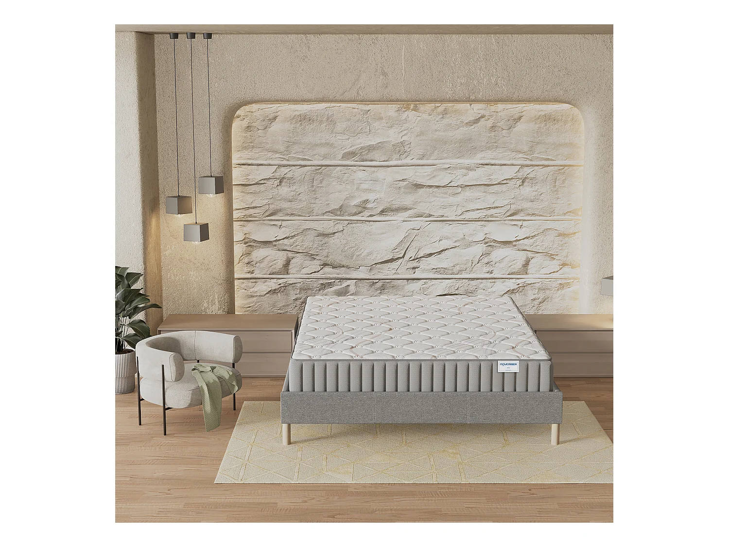 Ensemble matelas + lit 140x200 cm, matelas 22cm mousse, accueil latex, lit à lattes en bois, tissu gris