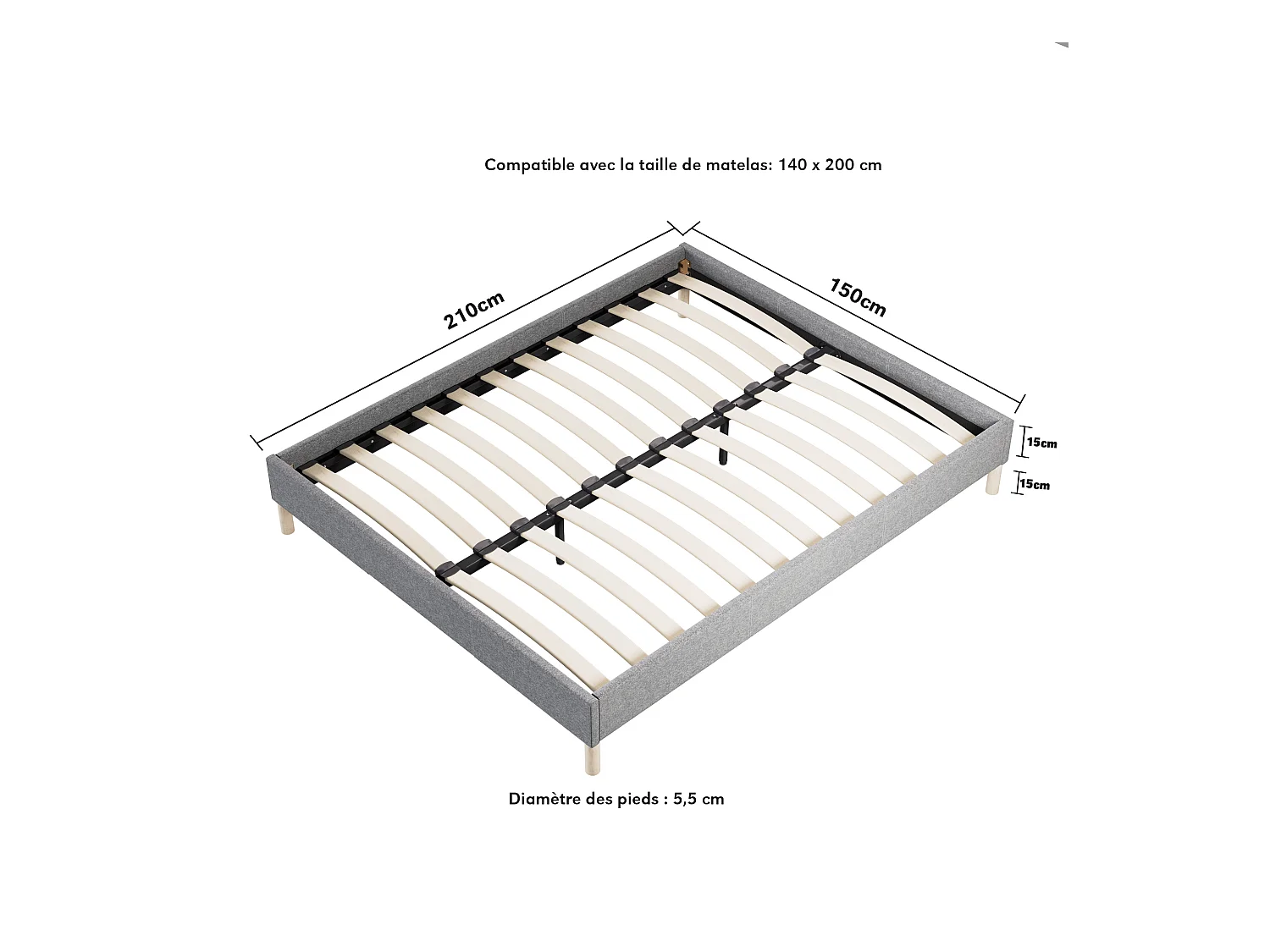 Ensemble matelas + lit 140x200 cm, matelas 22cm mousse, accueil latex, lit à lattes en bois, tissu gris