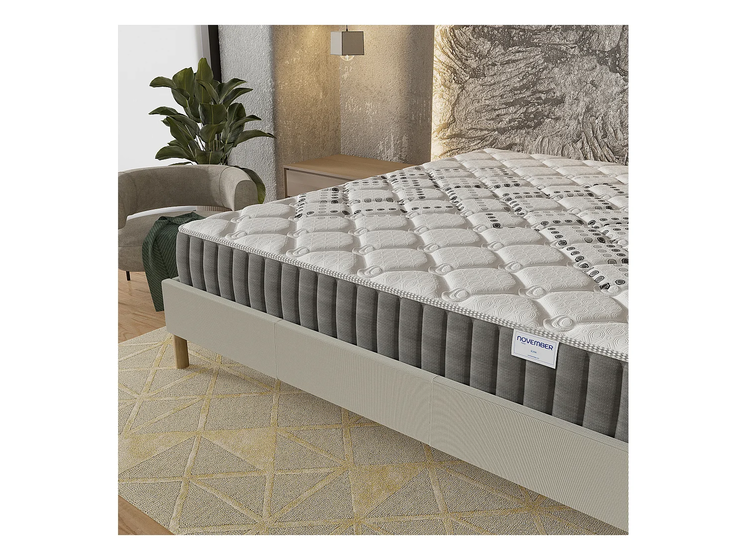 Ensemble Matelas + lit 140x190 cm, Matelas 20cm ressorts ensachés, accueil mousse, lit à lattes en bois, tissu blanc