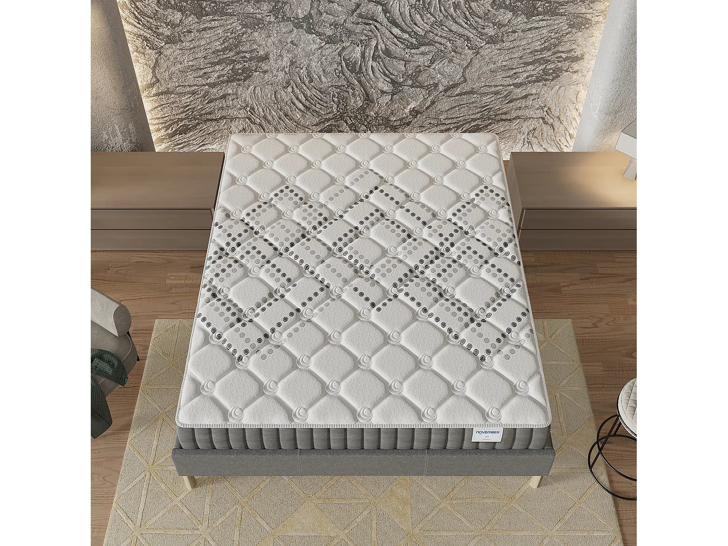 Ensemble Matelas + lit 140x200 cm, Matelas 20cm ressorts ensachés, accueil mousse, lit à lattes en bois, tissu gris