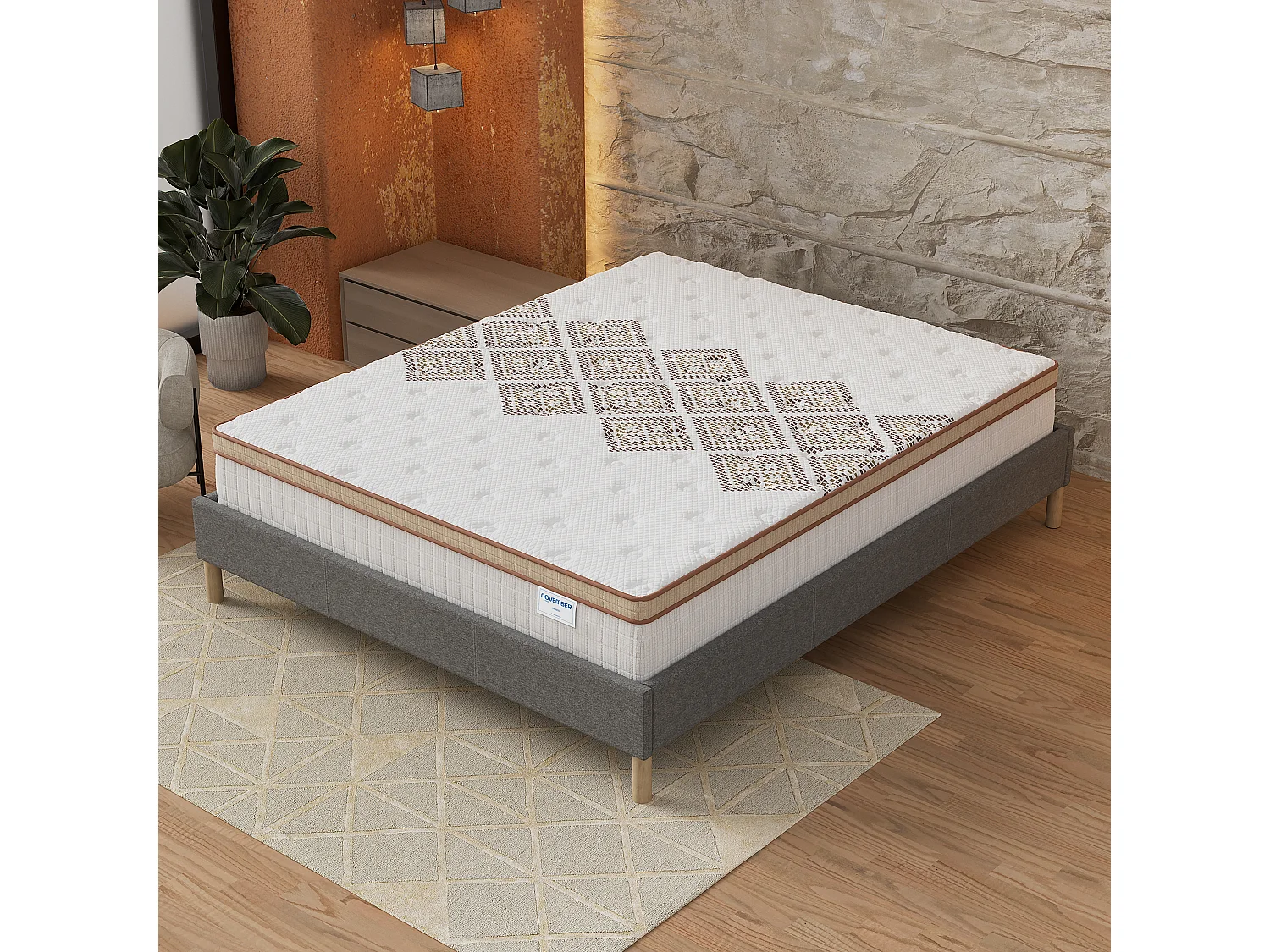 Ensemble matelas + lit 180x200 cm, matelas 28cm ressorts ensachés, accueil mousse, lit à lattes en bois, tissu gris
