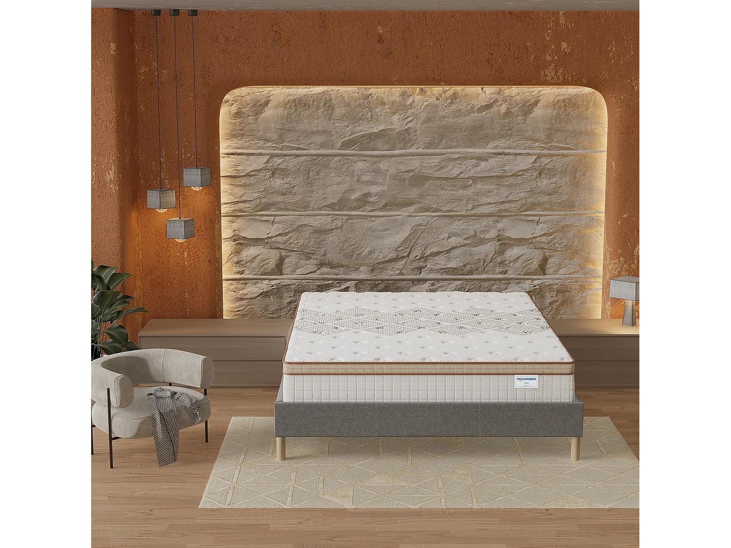 Ensemble matelas + lit 180x200 cm, matelas 28cm ressorts ensachés, accueil mousse, lit à lattes en bois, tissu gris