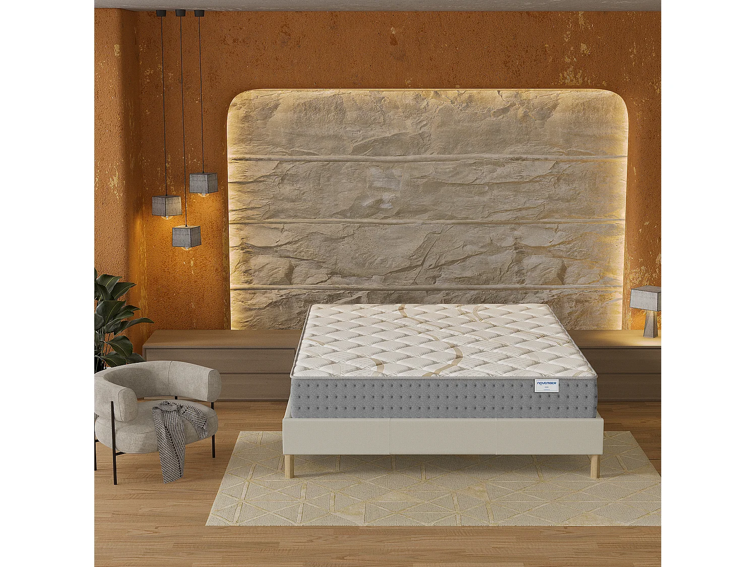 Ensemble Matelas + lit 160x200 cm, Matelas 25cm ressorts ensachés, accueil mousse, lit à lattes en bois, tissu blanc