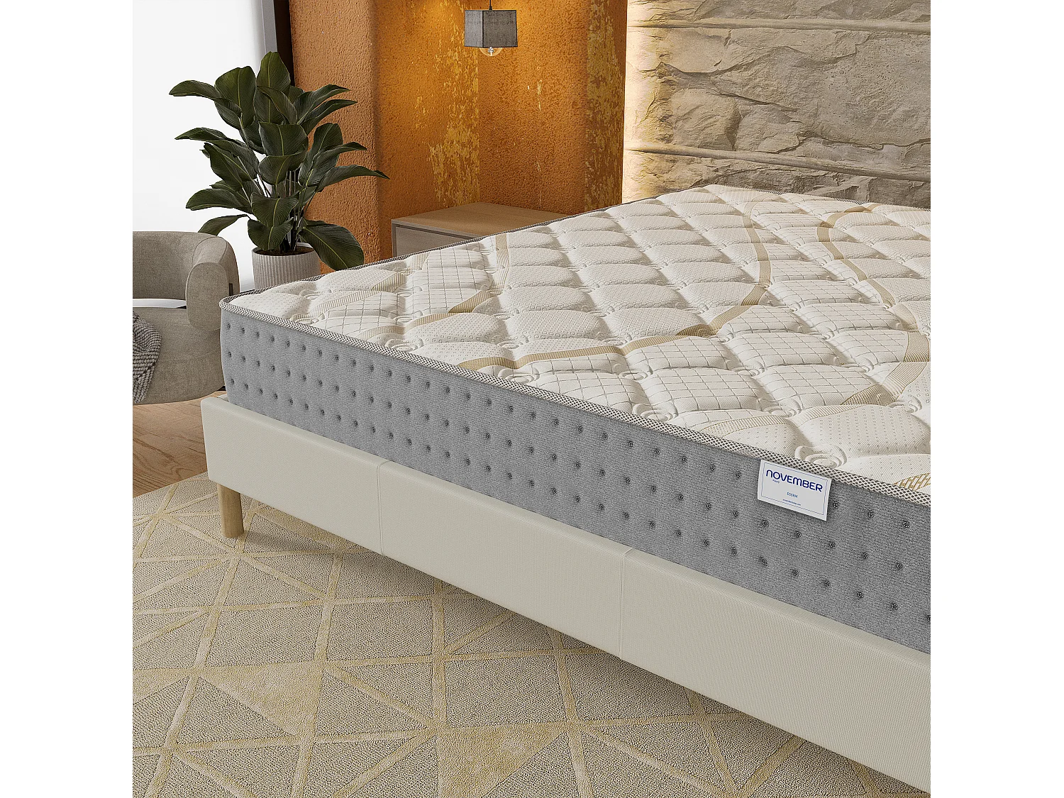 Ensemble Matelas + lit 160x200 cm, Matelas 25cm ressorts ensachés, accueil mousse, lit à lattes en bois, tissu blanc