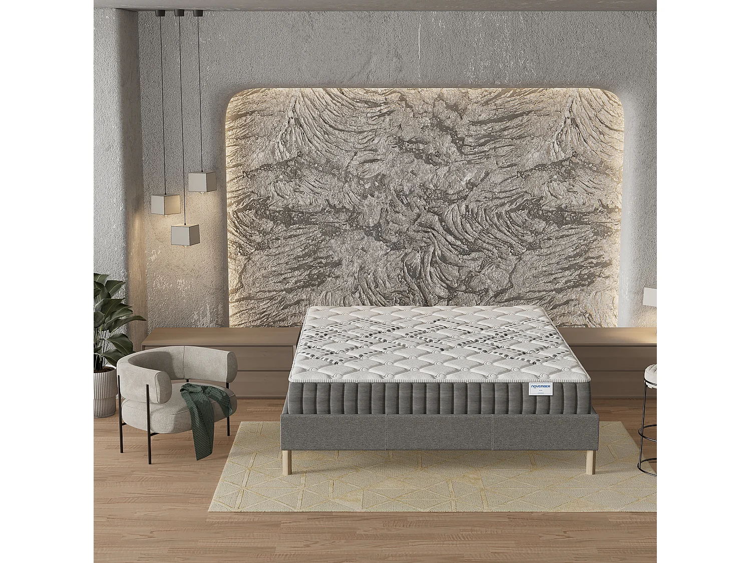 Ensemble Matelas + lit 90x190 cm, Matelas 20cm ressorts ensachés, accueil mousse, lit à lattes en bois, tissu gris