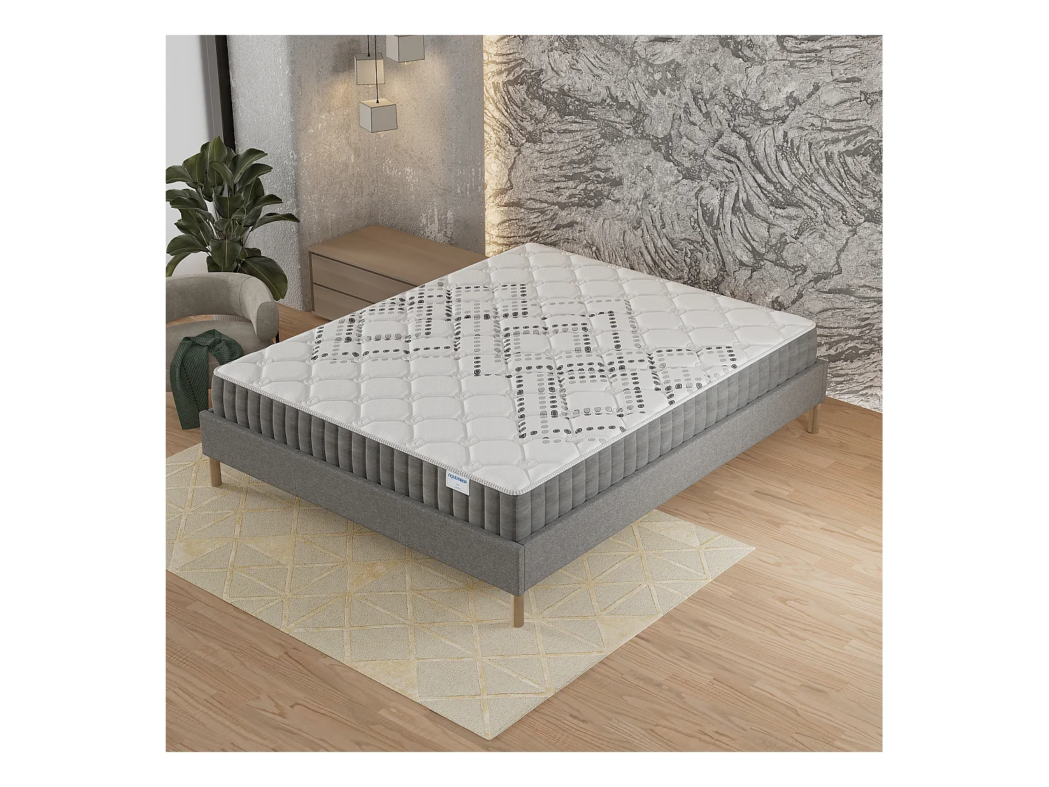 Ensemble Matelas + lit 90x190 cm, Matelas 20cm ressorts ensachés, accueil mousse, lit à lattes en bois, tissu gris