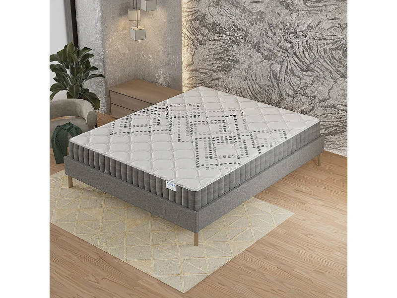 Ensemble Matelas + lit 90x190 cm, Matelas 20cm ressorts ensachés, accueil mousse, lit à lattes en bois, tissu gris