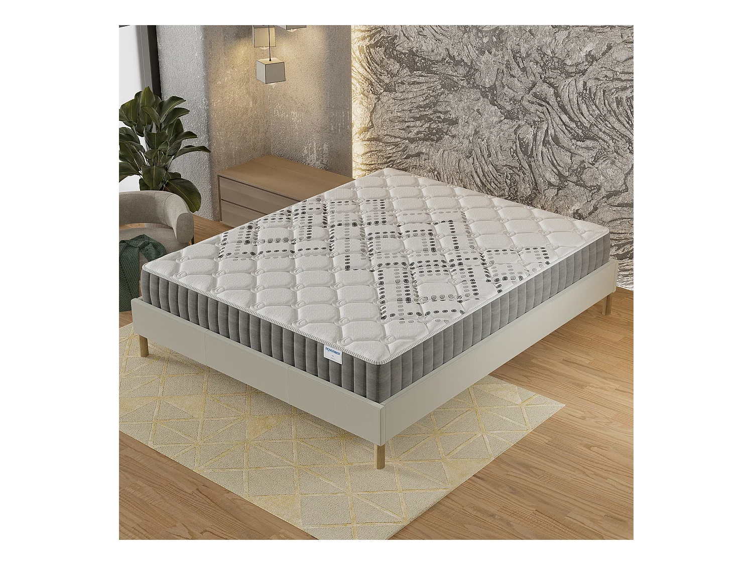 Ensemble Matelas + lit 90x190 cm, Matelas 20cm ressorts ensachés, accueil mousse, lit à lattes en bois, tissu blanc